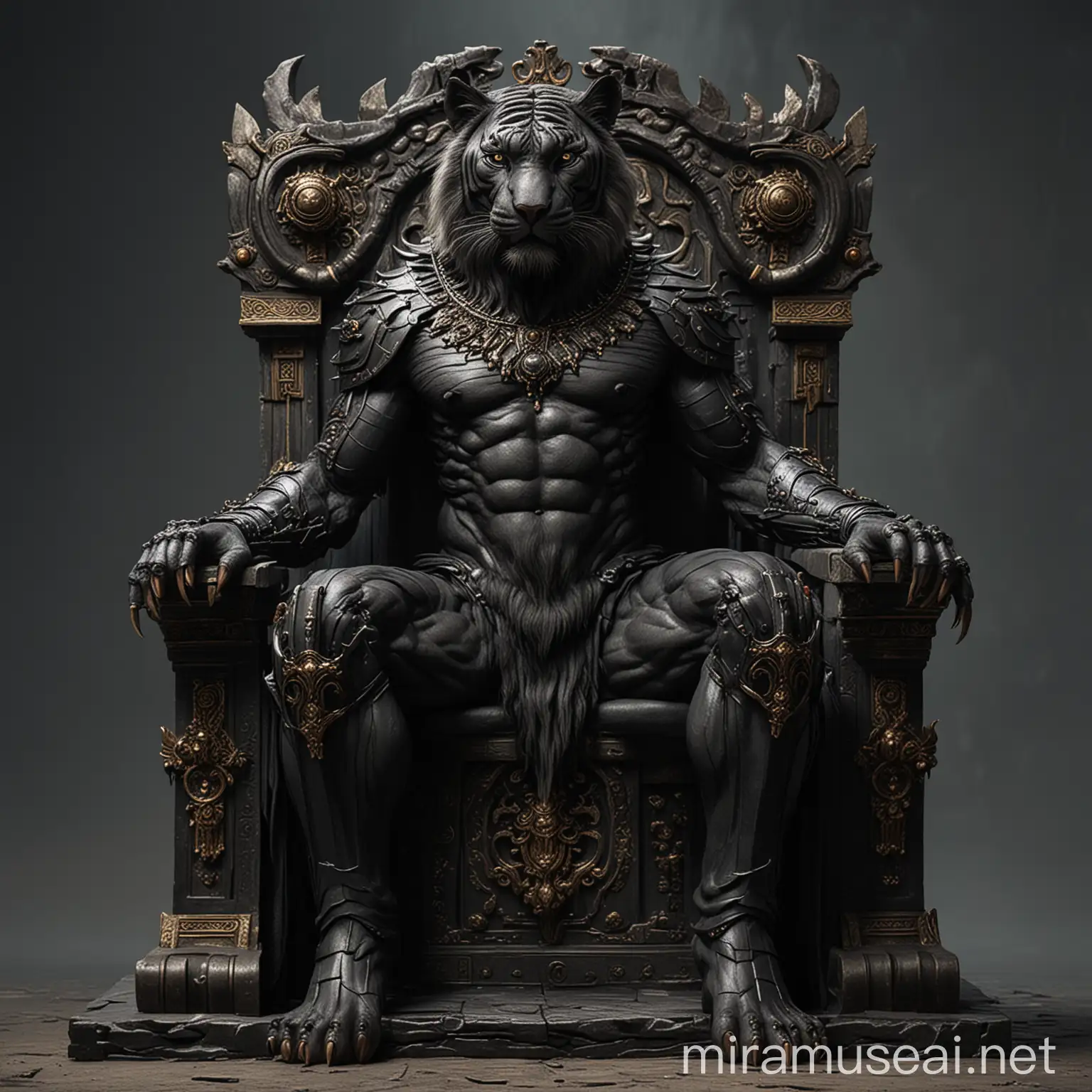Humanoid black tiger sitting on throne
