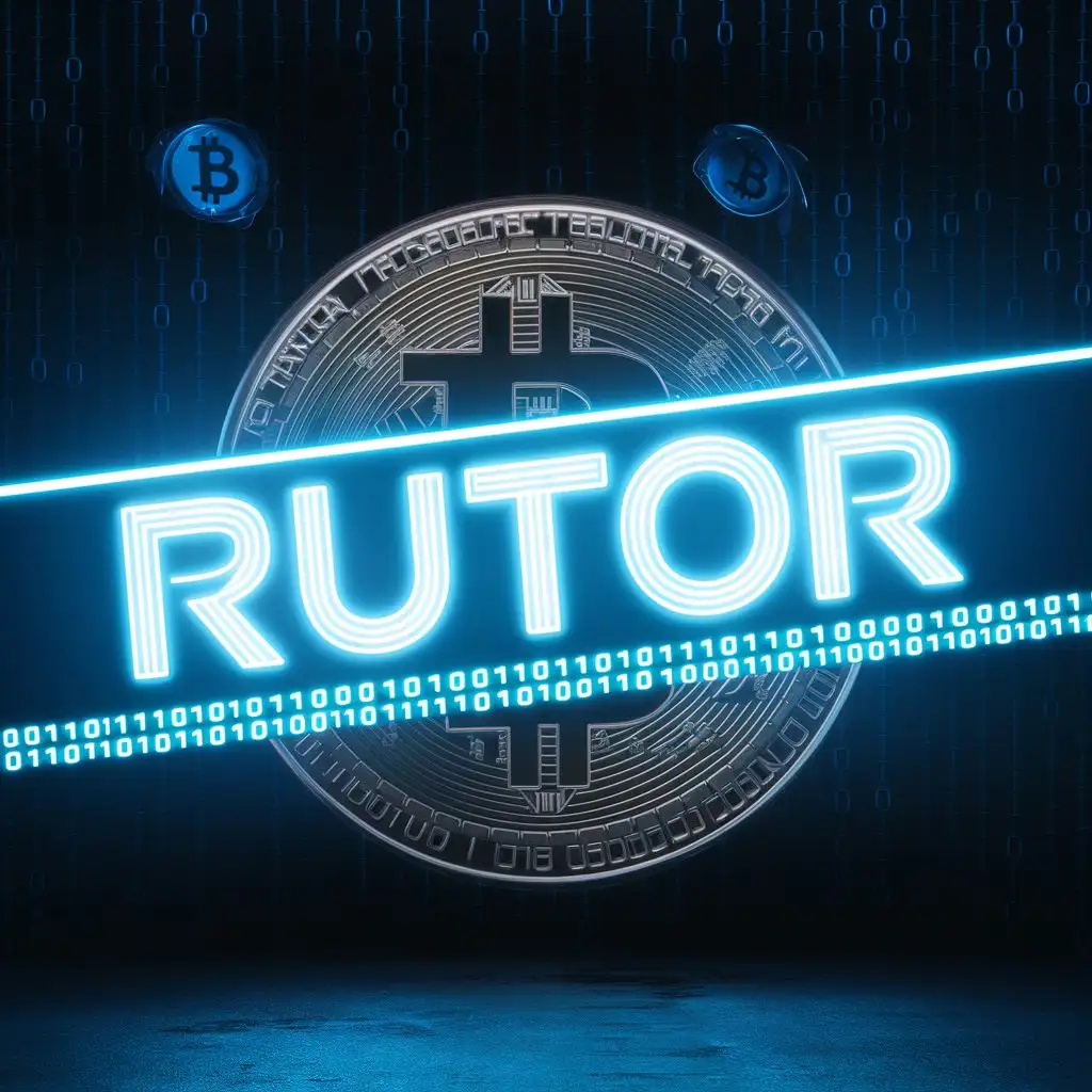 синяя неоновая надпись RuTOR на фоне даркнета, двоичный код, биткоины 