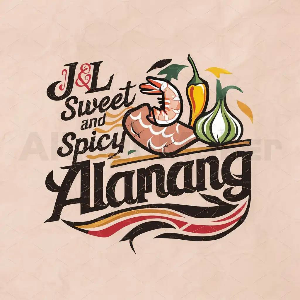 a logo design,with the text "J&L sweet and spicy alamang", main symbol:shrimp, pork, chilli, garlic, onion,Moderate,be used in Others industry,clear background