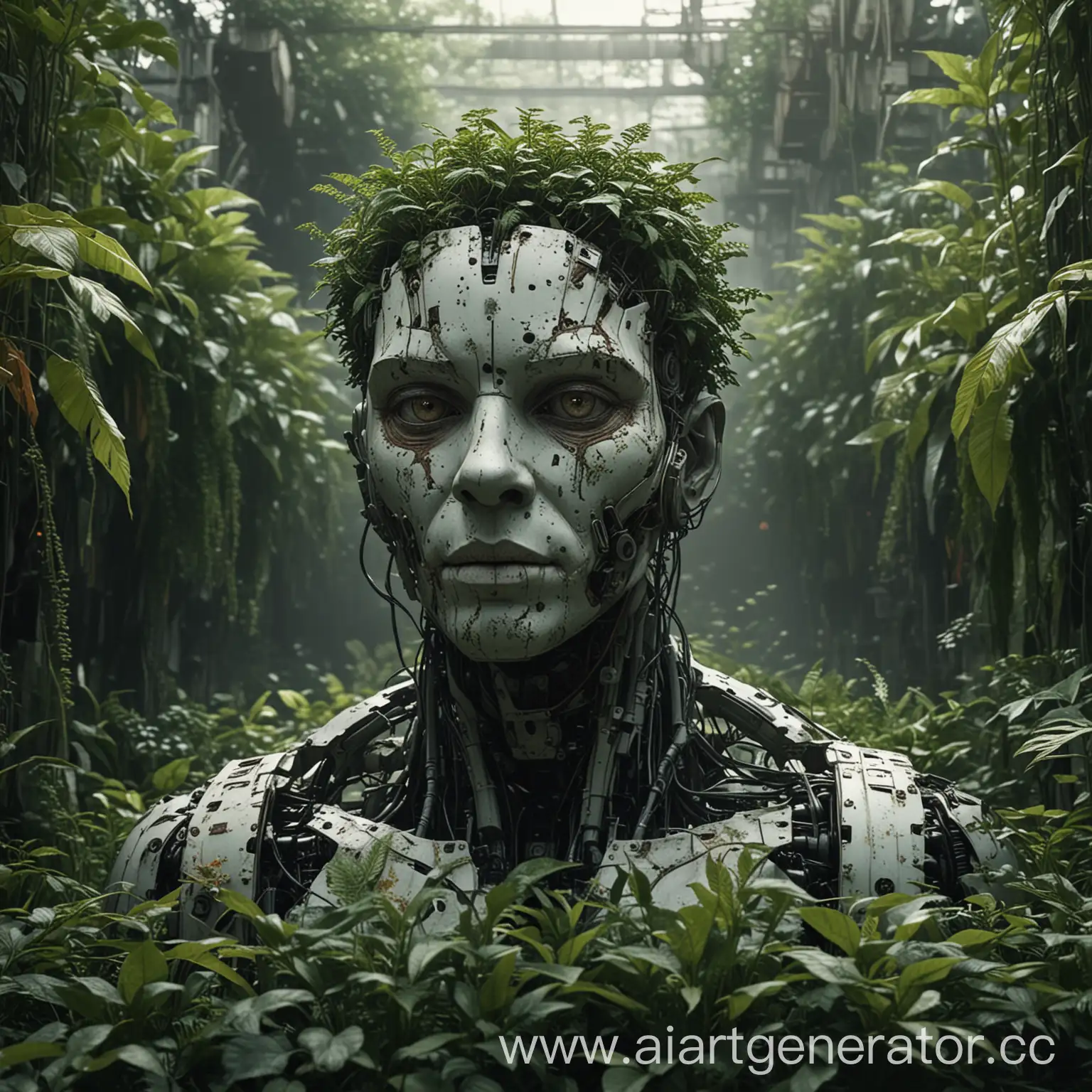 face humanoid on top of plants, abandoned, chaotic, machine-like forms, cinematic, filmic