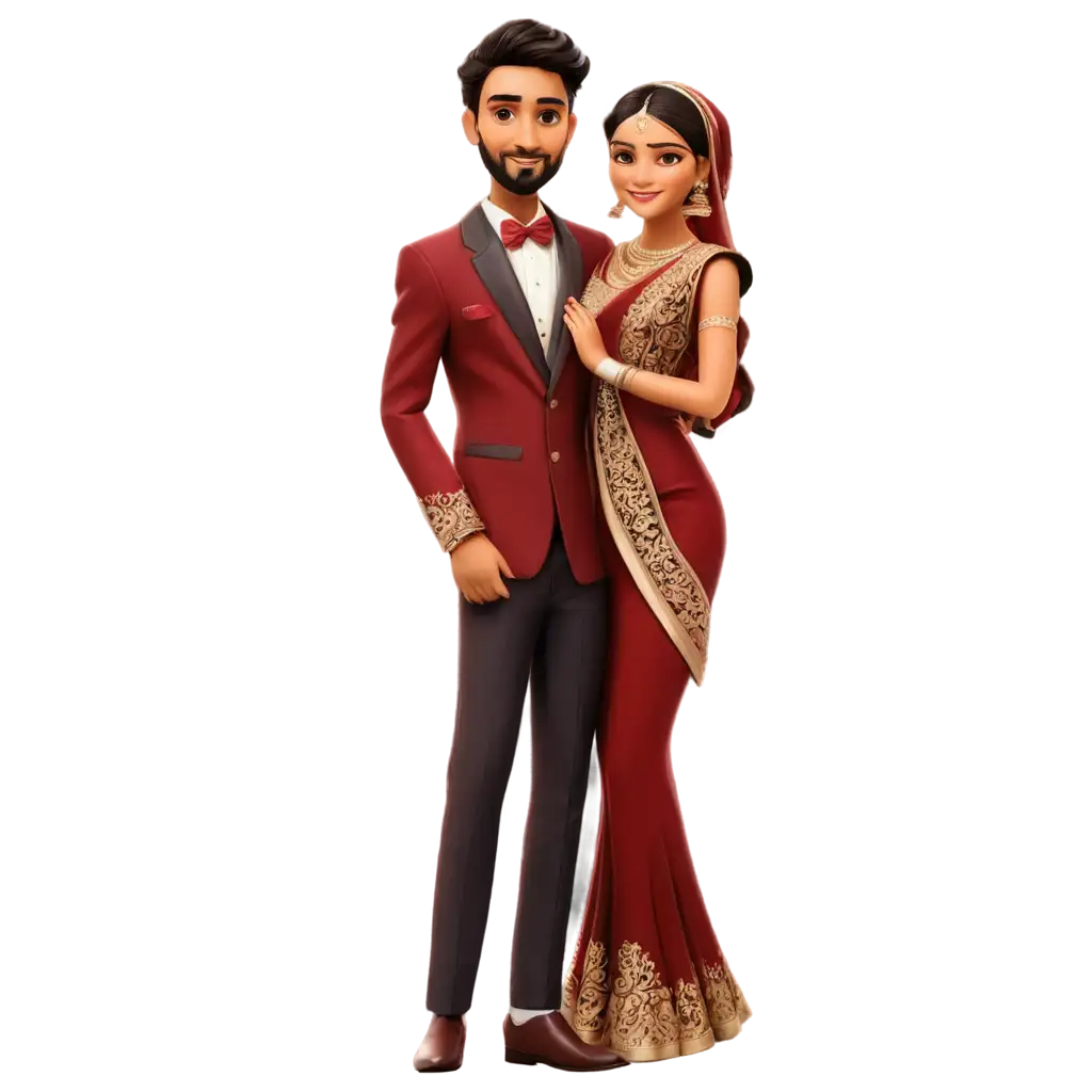 Indian wedding couple in cartoon with bride wearing maroon lehanga and groom wearing maroon tuxedo