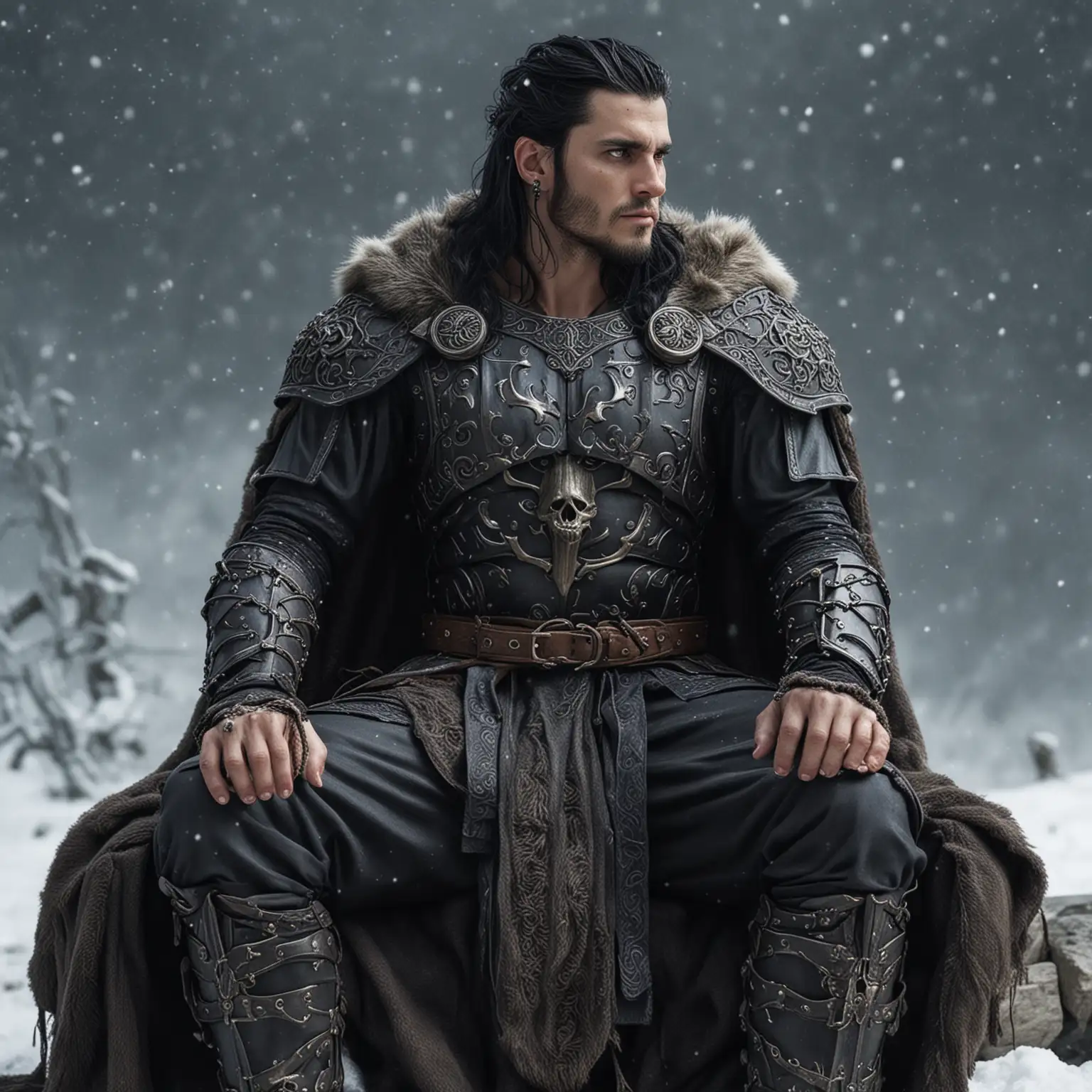 Black hair, viking, male, full slim body, snow background, realistic, sitting, skeleton robe armor, handsome