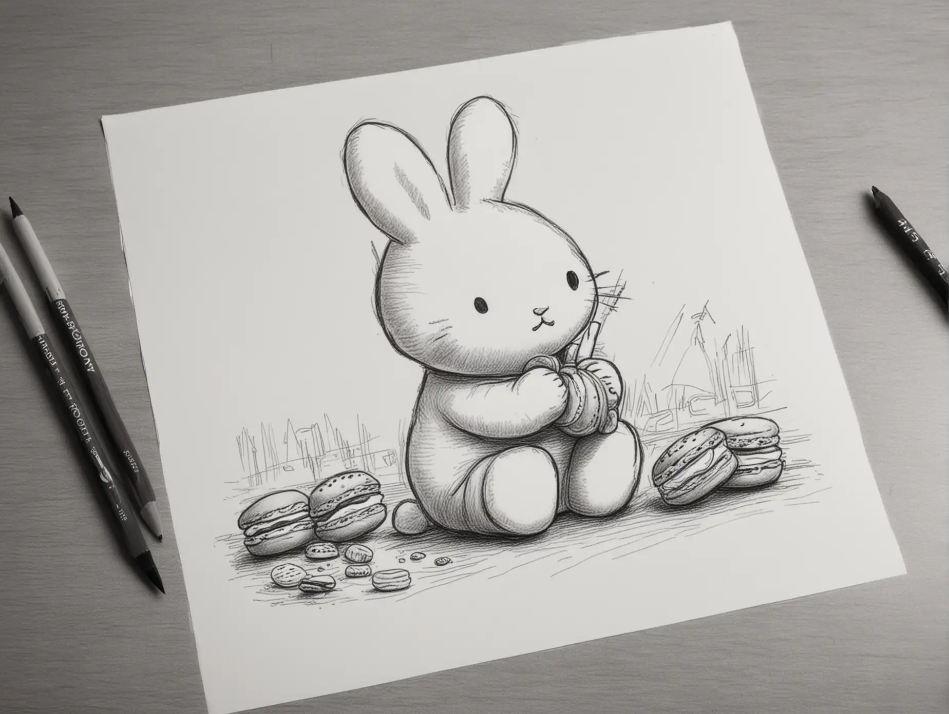 miffy兔吃马卡龙的铅笔画，黑白色