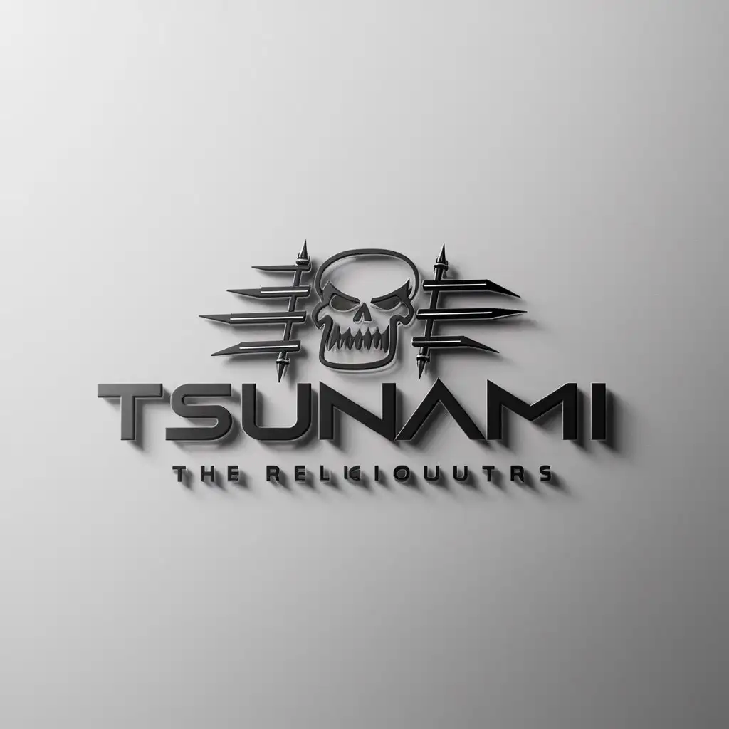 a logo design,with the text "tsunami", main symbol:tsunami , biology , monster , skull , steel nails , blades,Minimalistic,Minimalistic,be used in Religious industry,clear background