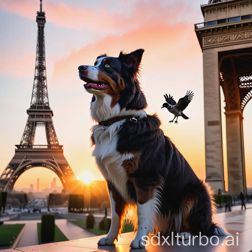 Eiffel Tower with sunrise and birds in the background and an Australian Shepherd in front of it