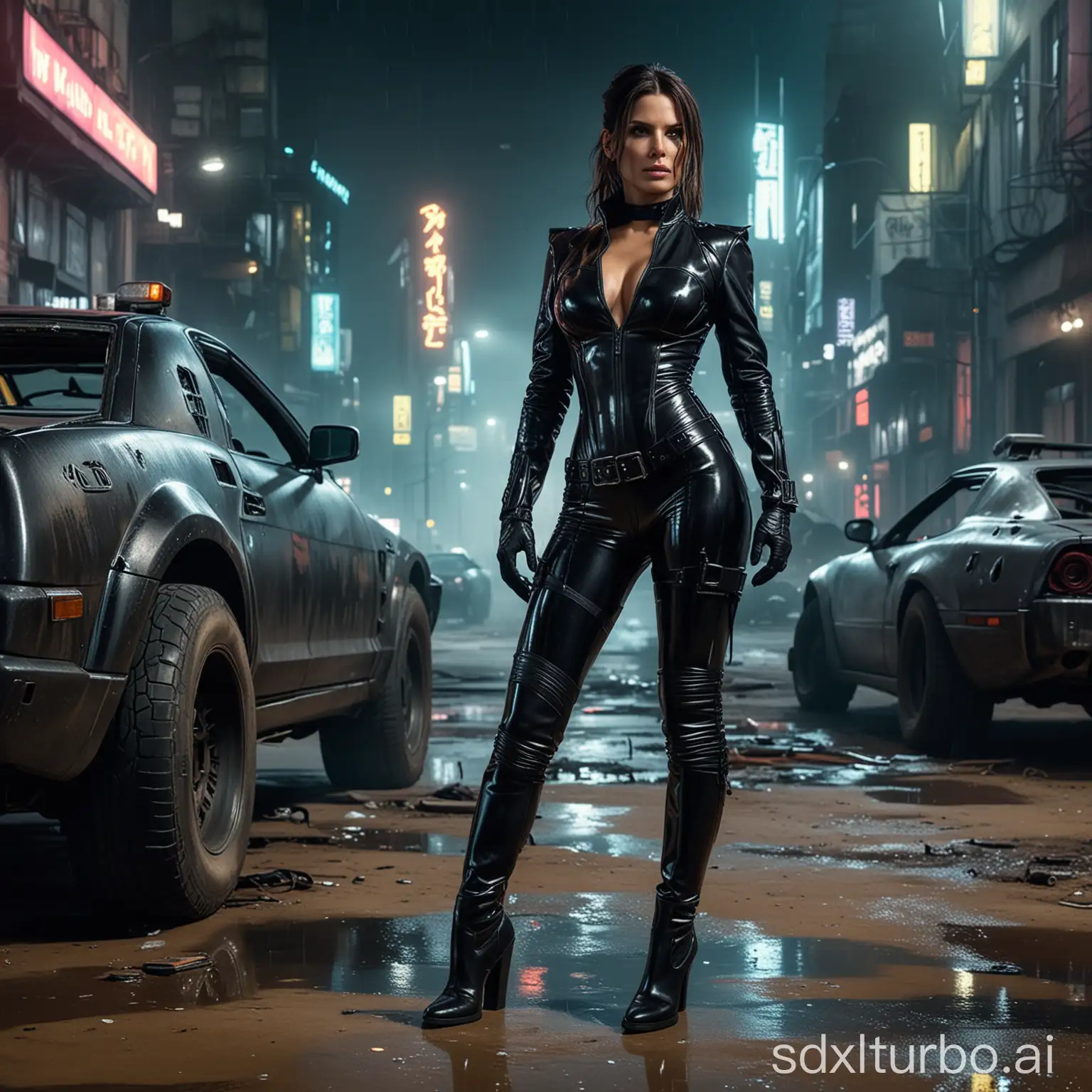 Cyberpunk-Police-Officer-Sandra-Bullock-in-Shiny-PVC-Suit-Amidst-Urban-Chaos