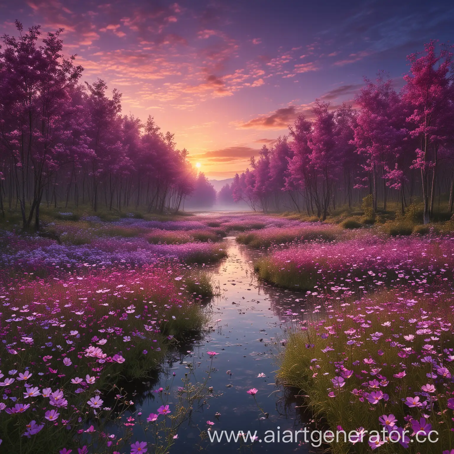 Vibrant-Sunset-Forest-Blooming-Woods-Alongside-Violet-River-in-Cosmos-Style