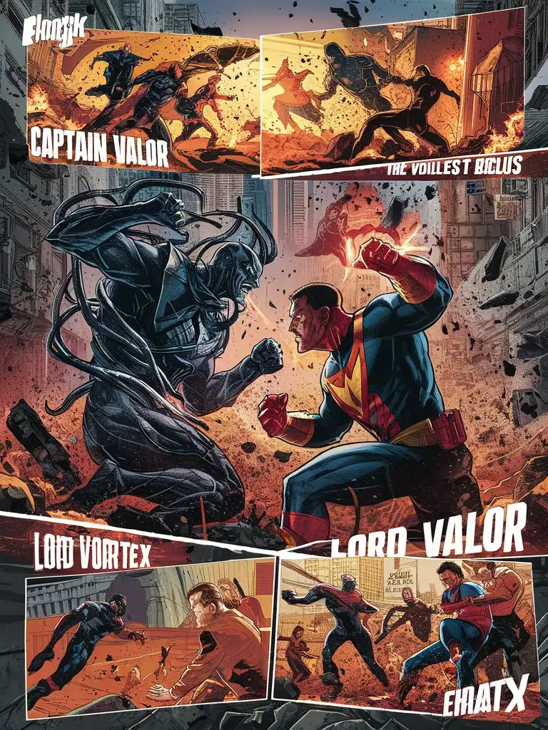 Design a multi panel comic page with bold, gritty font, with the The heroes, led by the fearless 4k Captain 4k Valor, clash with the villains, spearheaded by the ruthless Lord Vortex, in an explosive battle that ravages the cityscape. The two forces collide in a frenzy of punches, kicks, and energy blasts. bad-picture-chill-32v