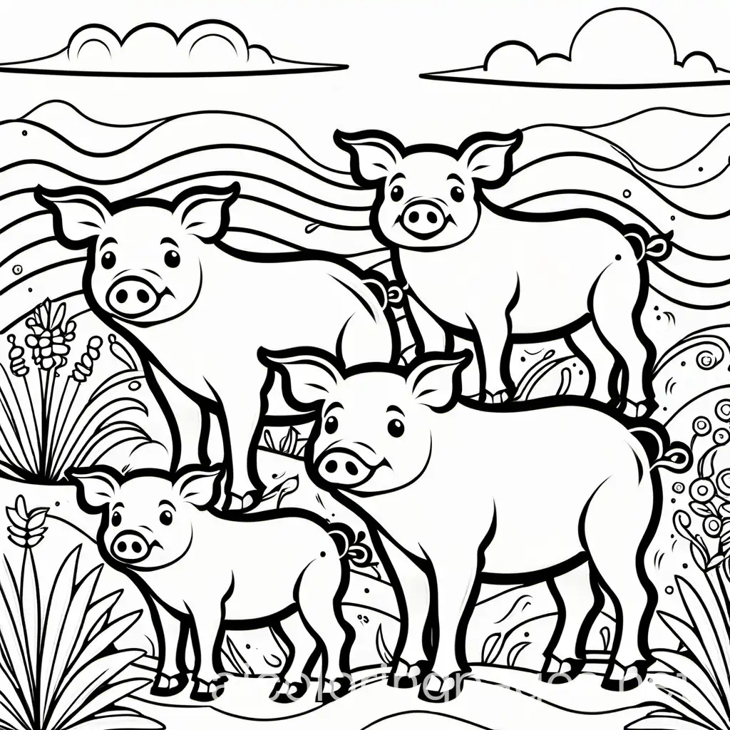 pigs, Coloring Page, black and white, line art, white background, Simplicity, Ample White Space. The background of the coloring page is plain white to make it easy for young children to color within the lines. The outlines of all the subjects are easy to distinguish, making it simple for kids to color without too much difficulty