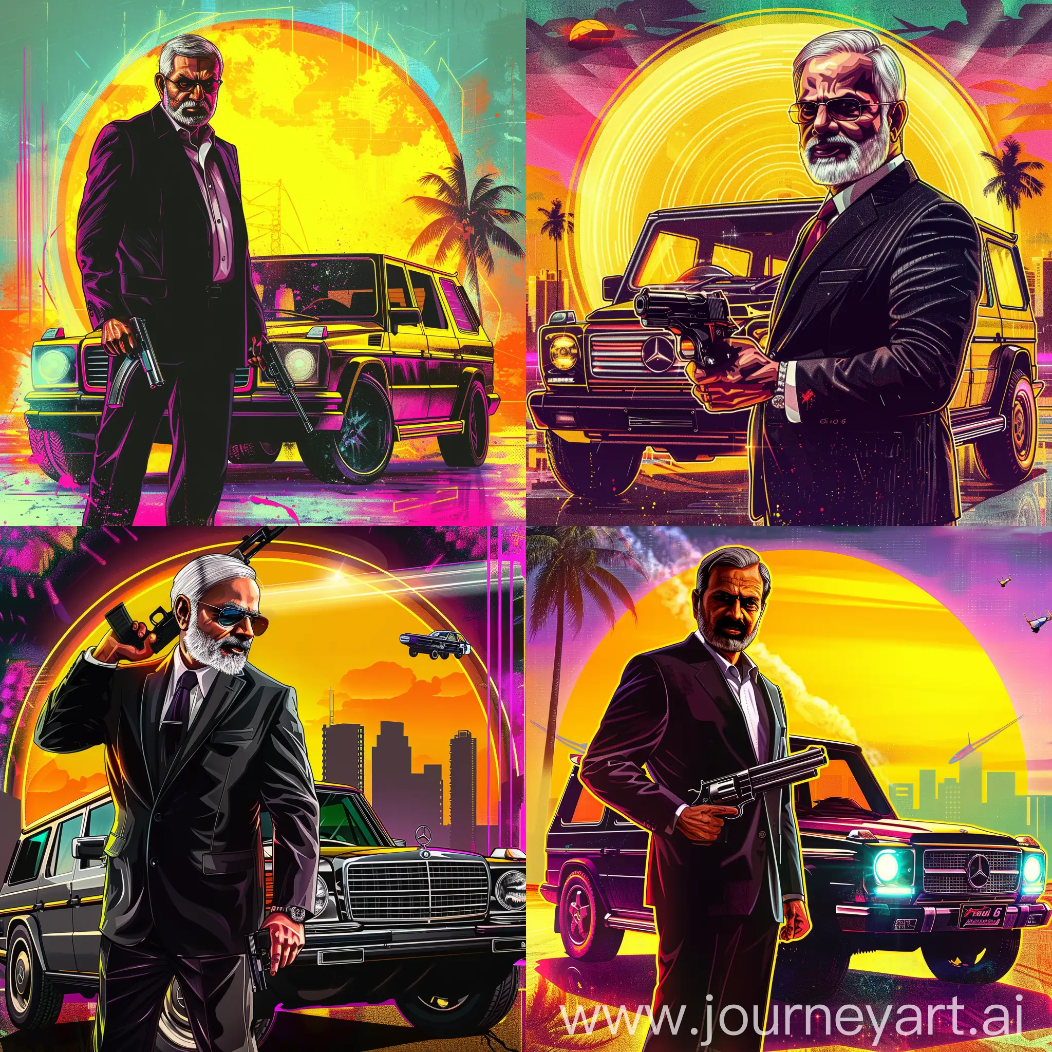 Artwork of GTA Return to Vice City. Grand Theft Auto VI poster. Narendra Modi in a black suit, gun in hand, Mercedes G class-like supercar in the background. Grand Theft Auto 6 high-resolution vector. in Miami, on a bright background, the big yellow sun on the background poses interesting, multicolour, ultra detail, neon light, ultra-dynamic light, and high quality, action painting style, atmospheric lighting, 8k,  chaos 25