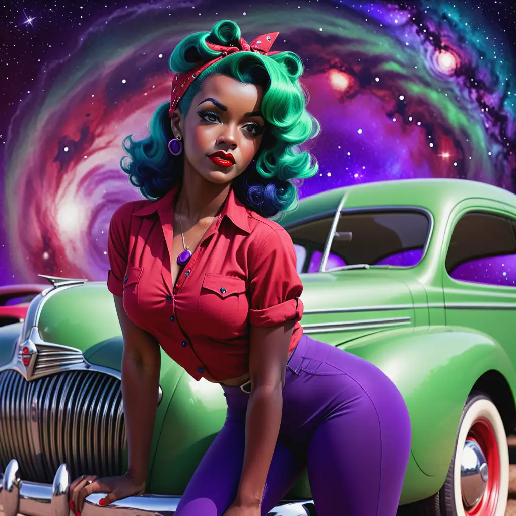 Dark skinned sexy green haired 1940 pinup, wearing a red button up shirt and blue leggings, purple and black bandana in her hair, 1940s cars behind her, galaxy background