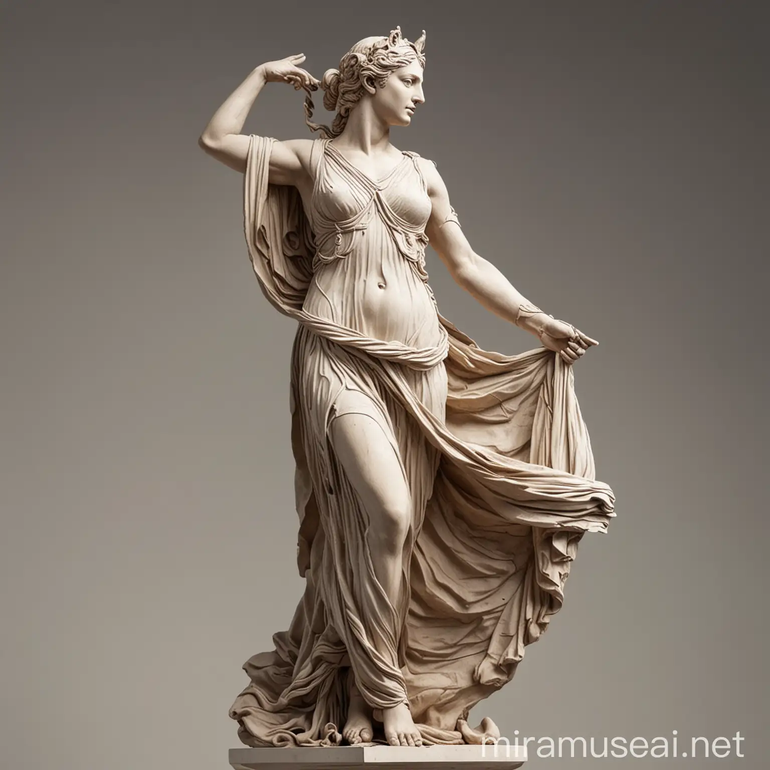 Diosa griega tipo escultura haciendo una pose épica 