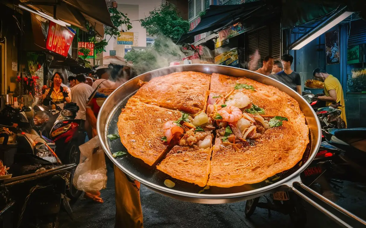 A plate of classic Vietnamese pancake (bánh xèo) at a street stall with a bustling Vietnamese vibe, photographed in a street-style with natural mixed lighting, an angled shot, and a lively composition, capturing the golden hue of the pancake and the hustle of the street