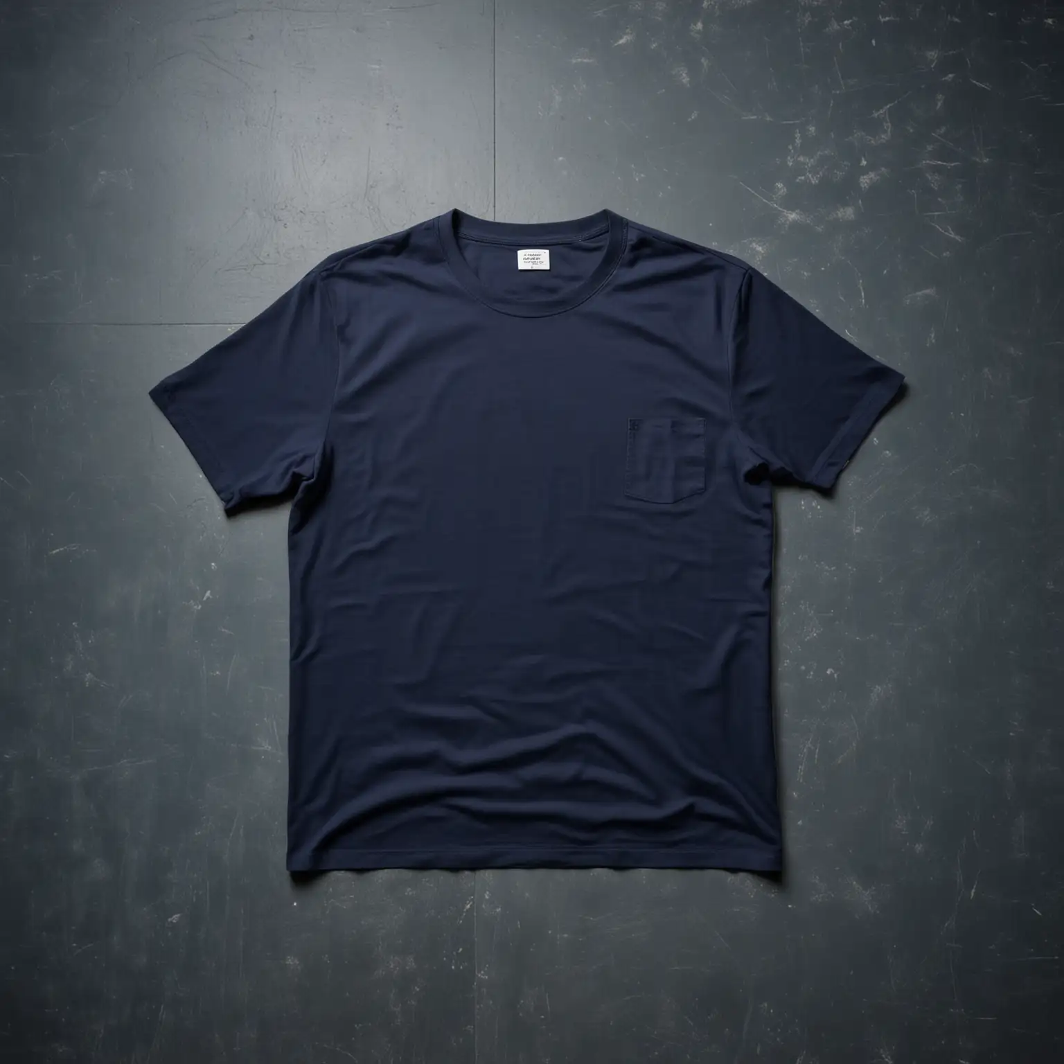 ironed simmetrical proportional blue navy tshirt no wrinkles, lied on floor seen from above with solid contrasting background floor