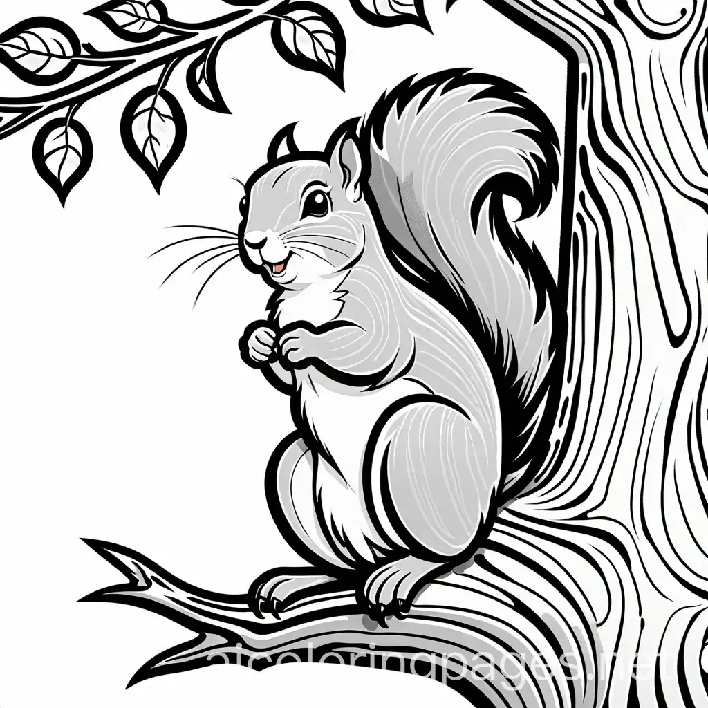 happy squirrel on a tree
, Coloring Page, black and white, line art, white background, Simplicity, Ample White Space. The background of the coloring page is plain white to make it easy for young children to color within the lines. The outlines of all the subjects are easy to distinguish, making it simple for kids to color without too much difficulty