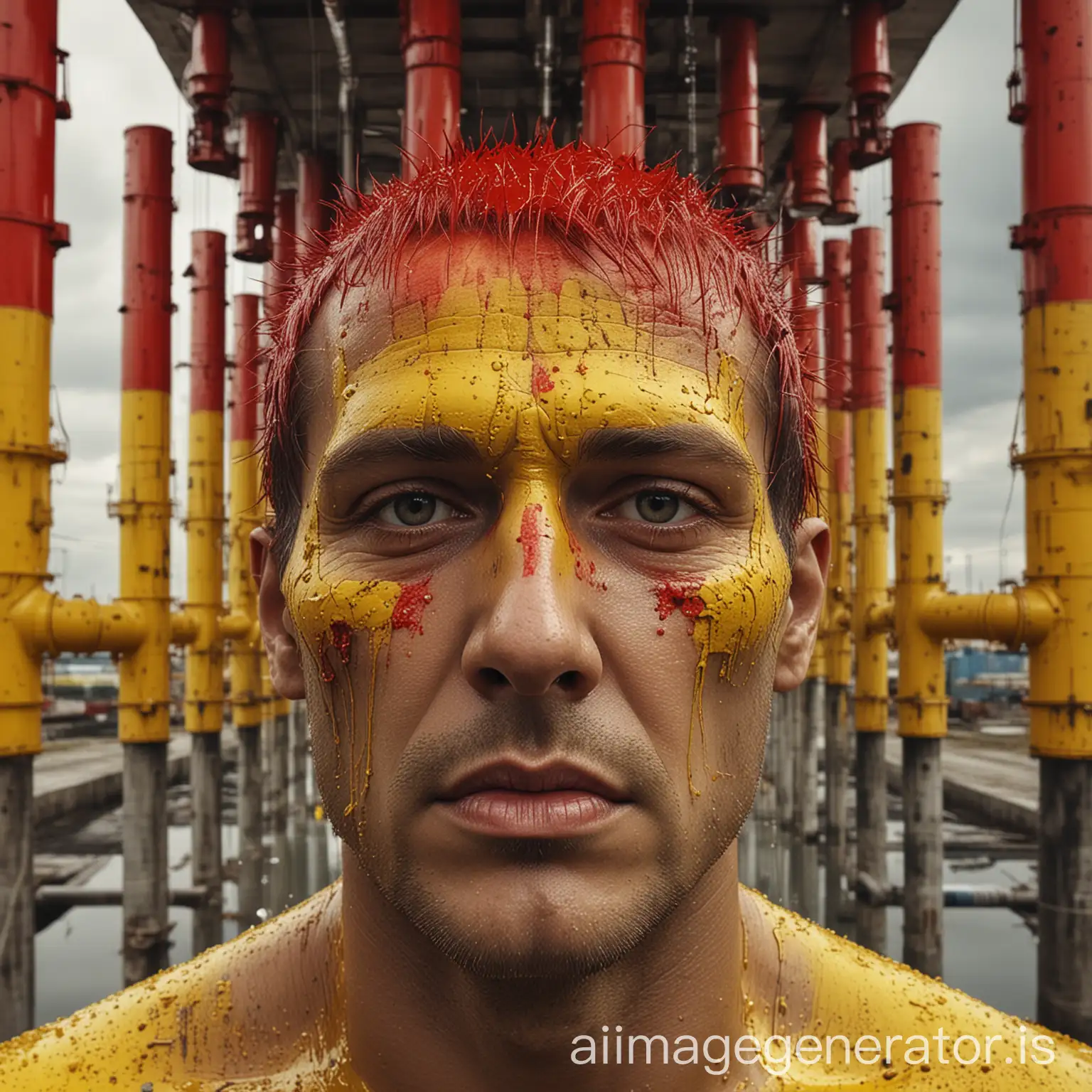 close-up surreal man-face-trapezoidal-aquasuit on bolts-tubes, concrete buildings, petrochemical distillation columns, red palette and acid yellow color, PL photo filter, black clouds,Ray Tracing Global Illumination,Optics, Scattering,Glow,insanely detailed and intricate,superdetailed