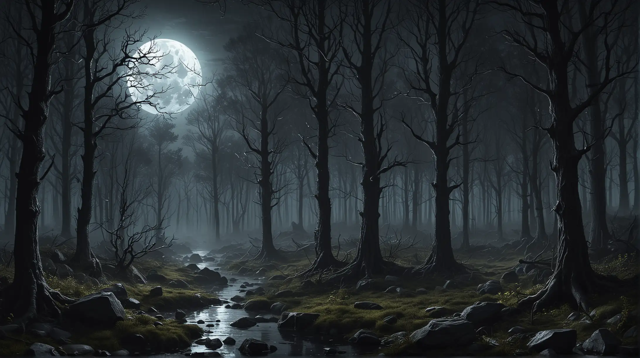 design a realistic scene of a dark mysterious forest under moonlight