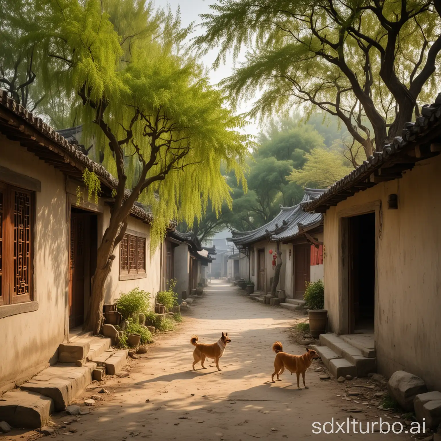 狗吠深巷中，鸡鸣桑树颠的中国晋代时期的田园景象，房子是茅草屋的巷子，整体意境是宁静祥和