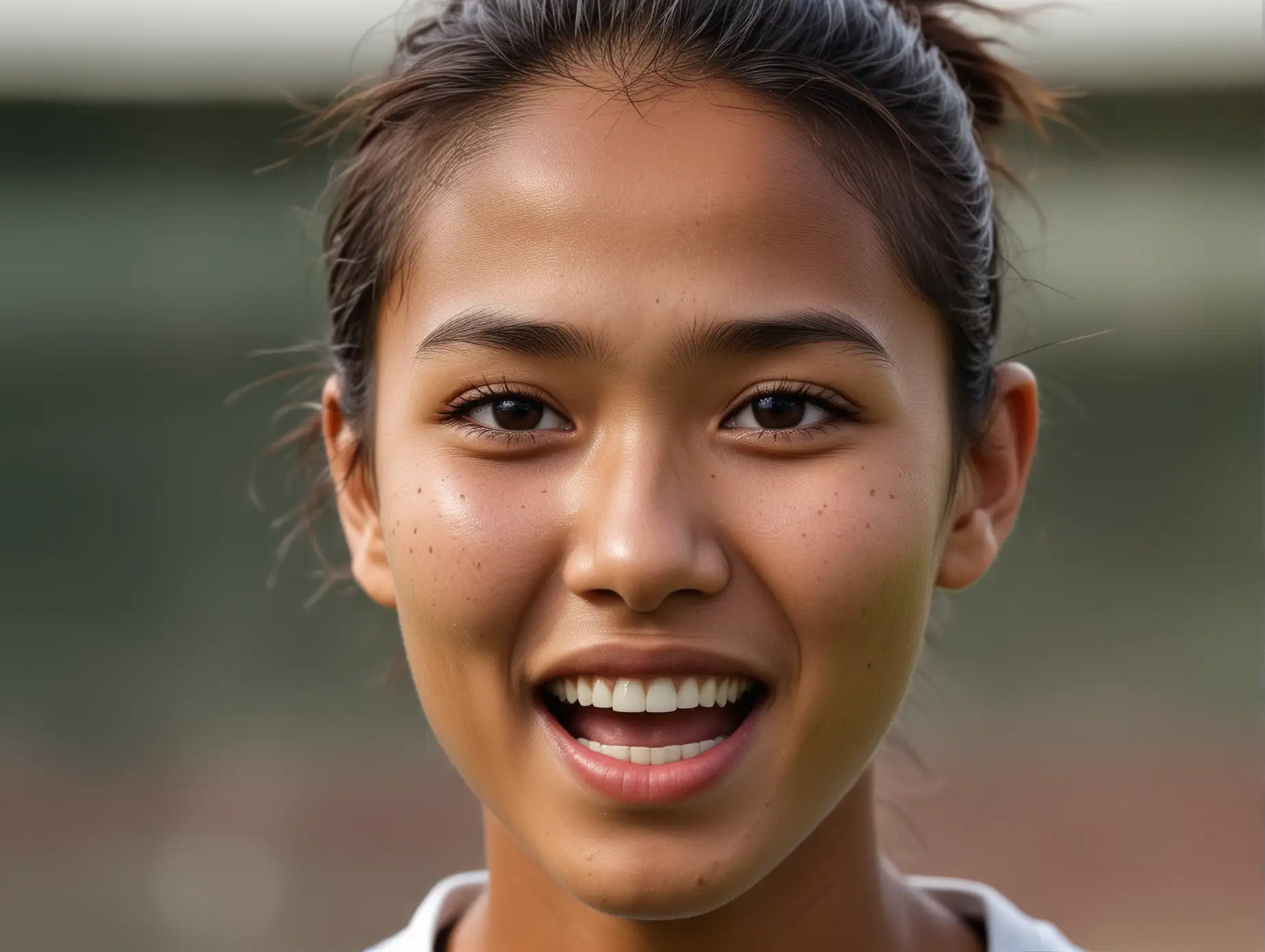Close up natural face without make-up of a beautiful very skinny indonesian women's college soccer player celebrating a goal with fiercely intense eyes and a joyful smile.