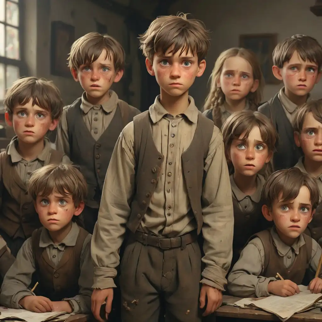 foolish, uneducated, illiterate German schoolchildren of the 19th century. They are untidy, in tattered clothes. Style of realism, 3D animation. 