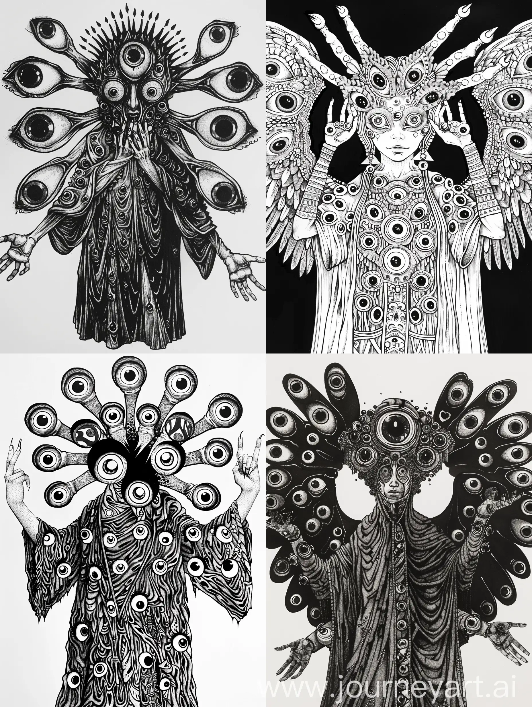 neon alcohol ink drawing of an ancient Celestial Biblically accurate angel many eyes on her robe multiple arms holding out hands with eyeballs in them symmetrical composition detailed illustration in the style of dark fantasy artist and junji ito and Scott Fischer high contrast surrealism