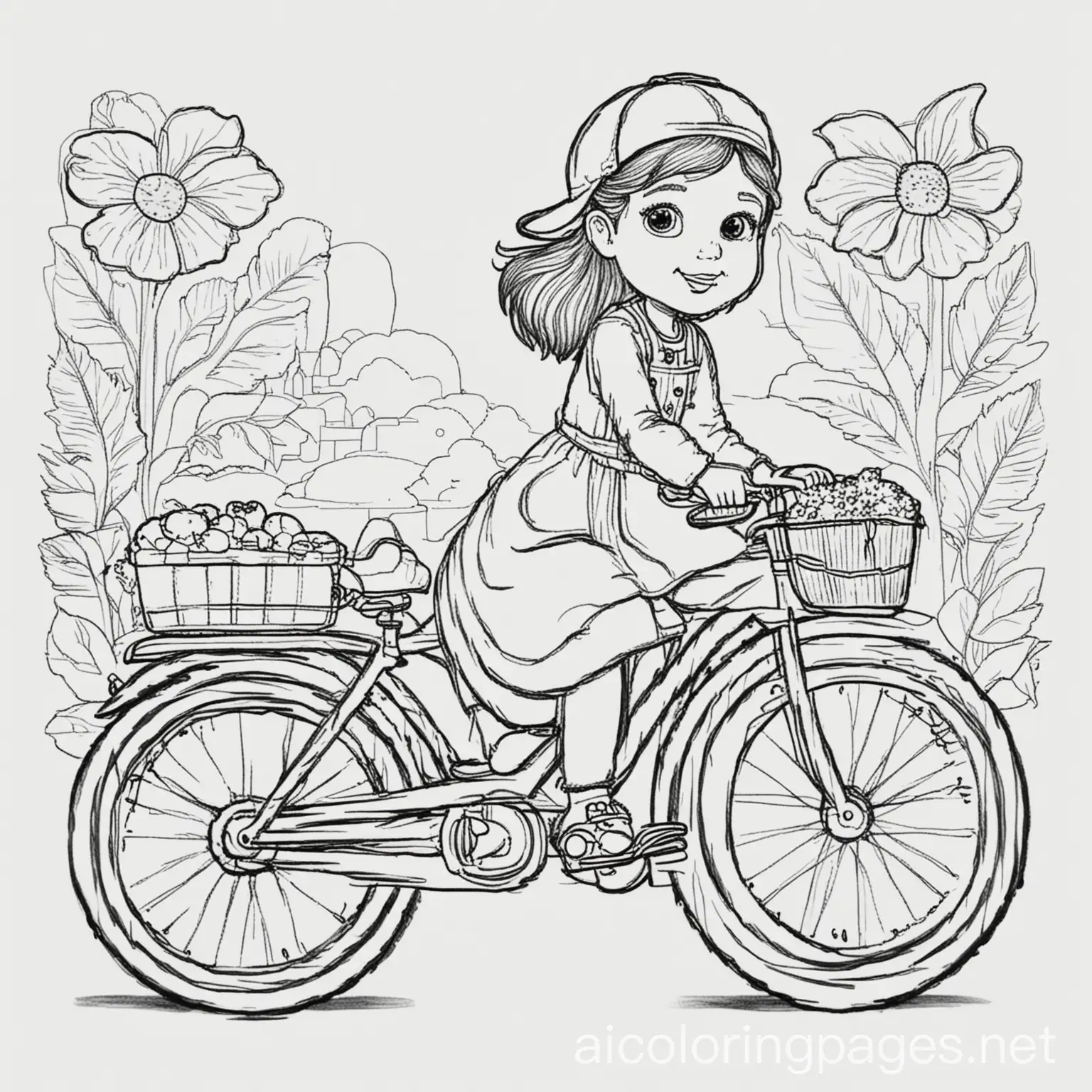 a country girl in a bike, Coloring Page, black and white, line art, white background, Simplicity, Ample White Space. The background of the coloring page is plain white to make it easy for young children to color within the lines. The outlines of all the subjects are easy to distinguish, making it simple for kids to color without too much difficulty