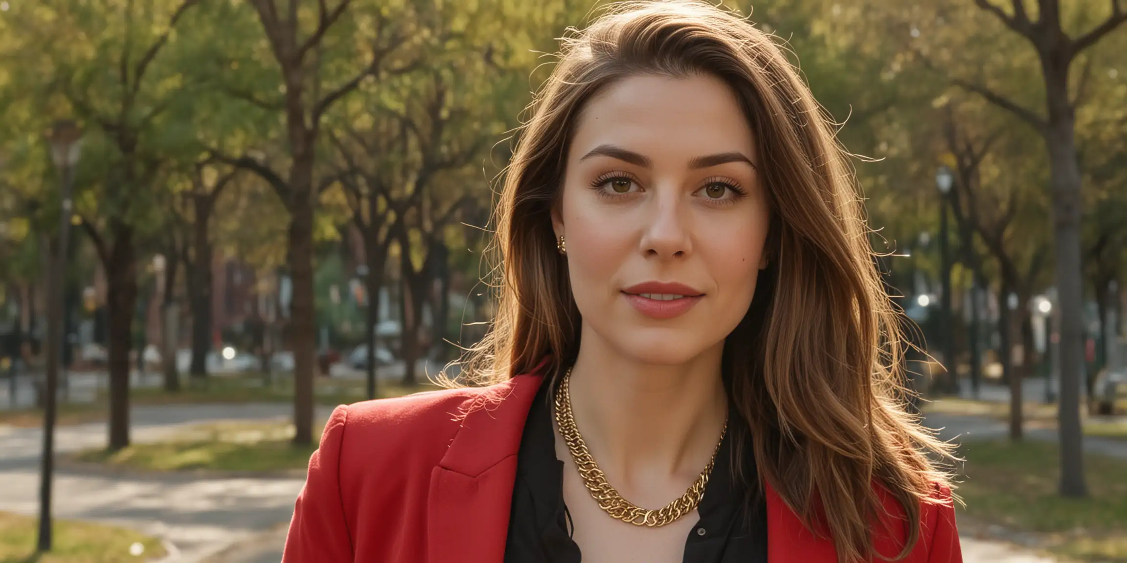 30 year old pale white woman with long medium brown hair parted to the right, big eyelashes, red blazer, gold necklace, black shirt and black trousers, urban park background