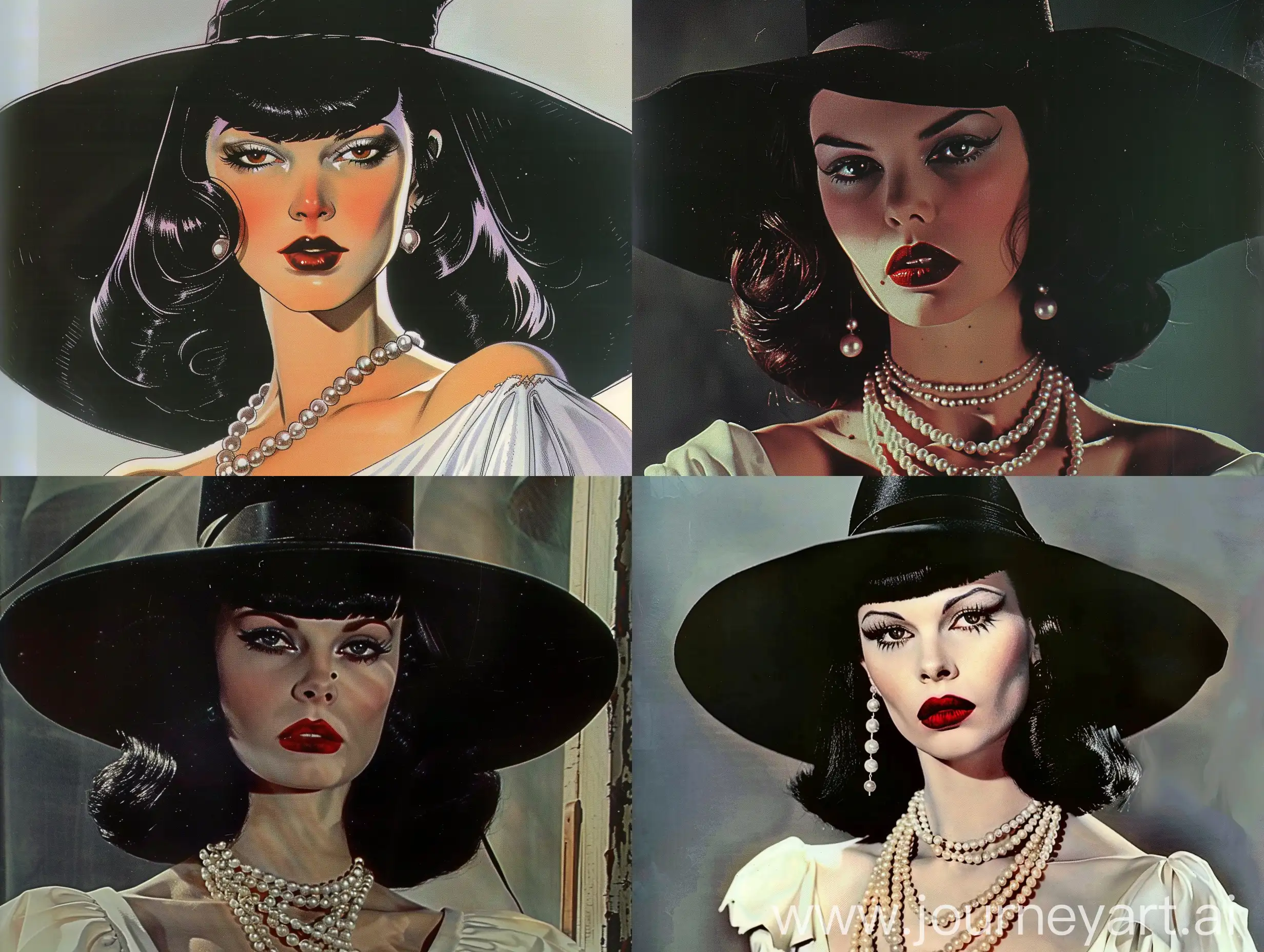 dvd screenshot of Dark Souls fantasy illustration from the 1987s. Artistic illustration of an attractive but morbid-looking gothic woman. She wears make-up with blood-red lipstick, and has neck-length black hair tied up in tight 1950s curls. She has a large black wide-brimmed hat and several pearl necklaces around her neck. She wears a long white dress. Screenshot from the 1987 Dark Souls costume DVD, fantasy book illustration.