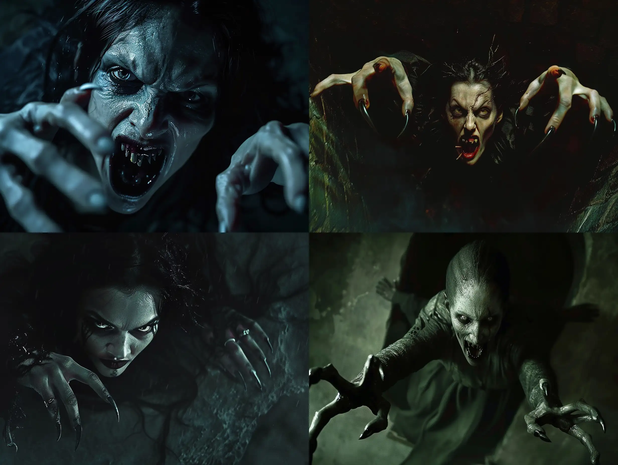 The central figure is a monstrous vampire woman, portrayed with photorealistic detail. She emerges dramatically from darkness, setting a chilling tone. The vampire's appearance is emphasized by her extra-long pointed fingernails resembling predatory claws, and her menacing open mouth revealing terrifying fangs. The setting is dark and cinematic, enhancing the eerie atmosphere. The scene utilizes intense, atmospheric lighting to highlight hyper-realistic details, ensuring every aspect of the vampire's anatomy and textured features is meticulously portrayed. The color palette leans towards shadows and deep hues to enhance the creepy ambiance. The vampire appears as if climbing out of a grave, adding to the horror. The focus is on capturing the visceral terror of the moment, with attention to the intricate details of the vampire's transformation and the haunting