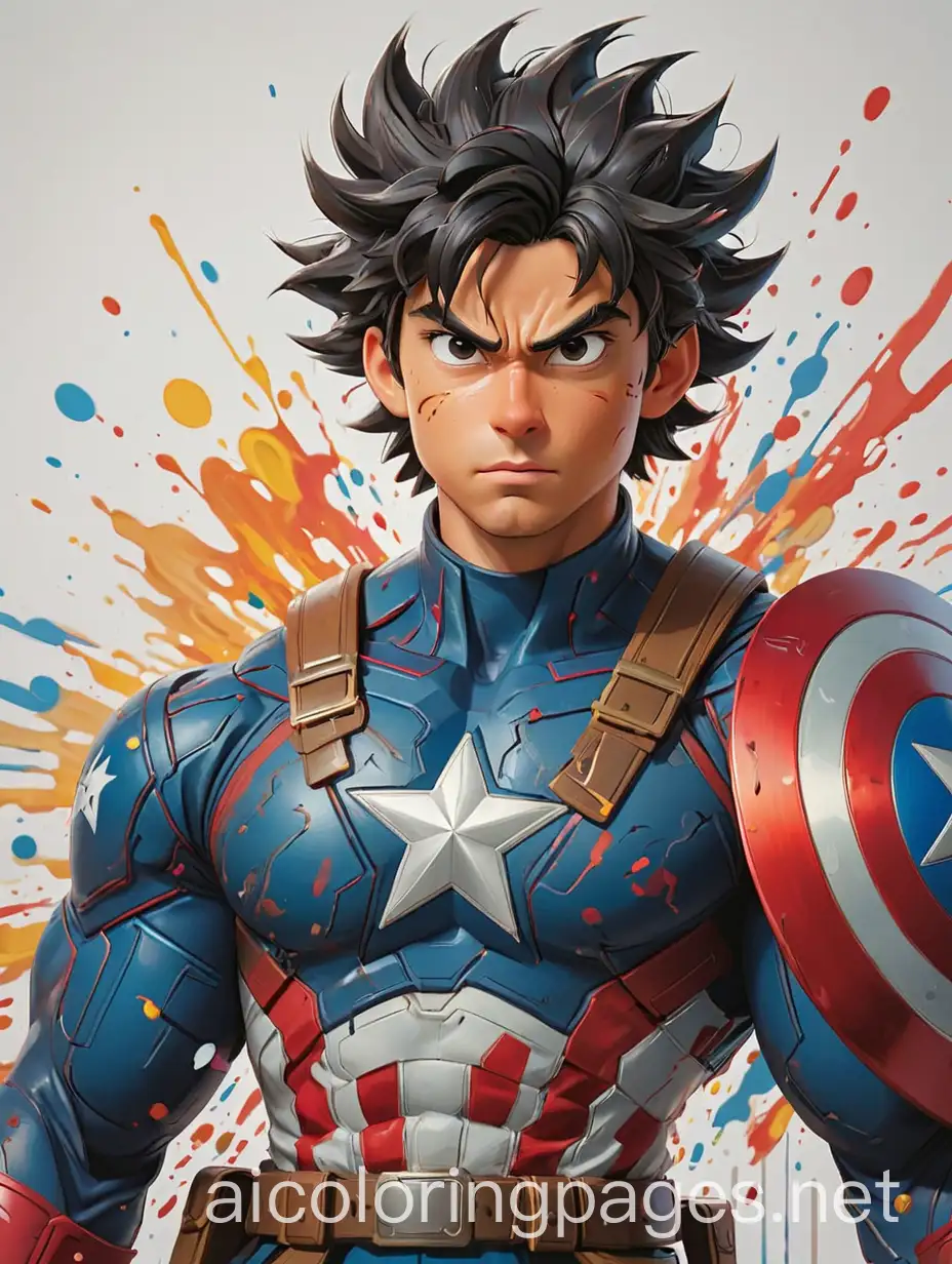 goku dressed up as Captain america. Mark Brooks and Dan Mumford, comic book art, perfect, smooth in Gouache Style, Watercolor, Museum Epic Impressionist Maximalist Masterpiece, Thick Brush Strokes, Impasto Gouache, thick layers of gouache watercolors textured on Canvas, 8k Resolution, Matte Painting Hyperrealistic, splash art, concept art, mid shot, intricately detailed, color depth,  side light, colorful background ,, Coloring Page, black and white, line art, white background, Simplicity, Ample White Space. The background of the coloring page is plain white to make it easy for young children to color within the lines. The outlines of all the subjects are easy to distinguish, making it simple for kids to color without too much difficulty