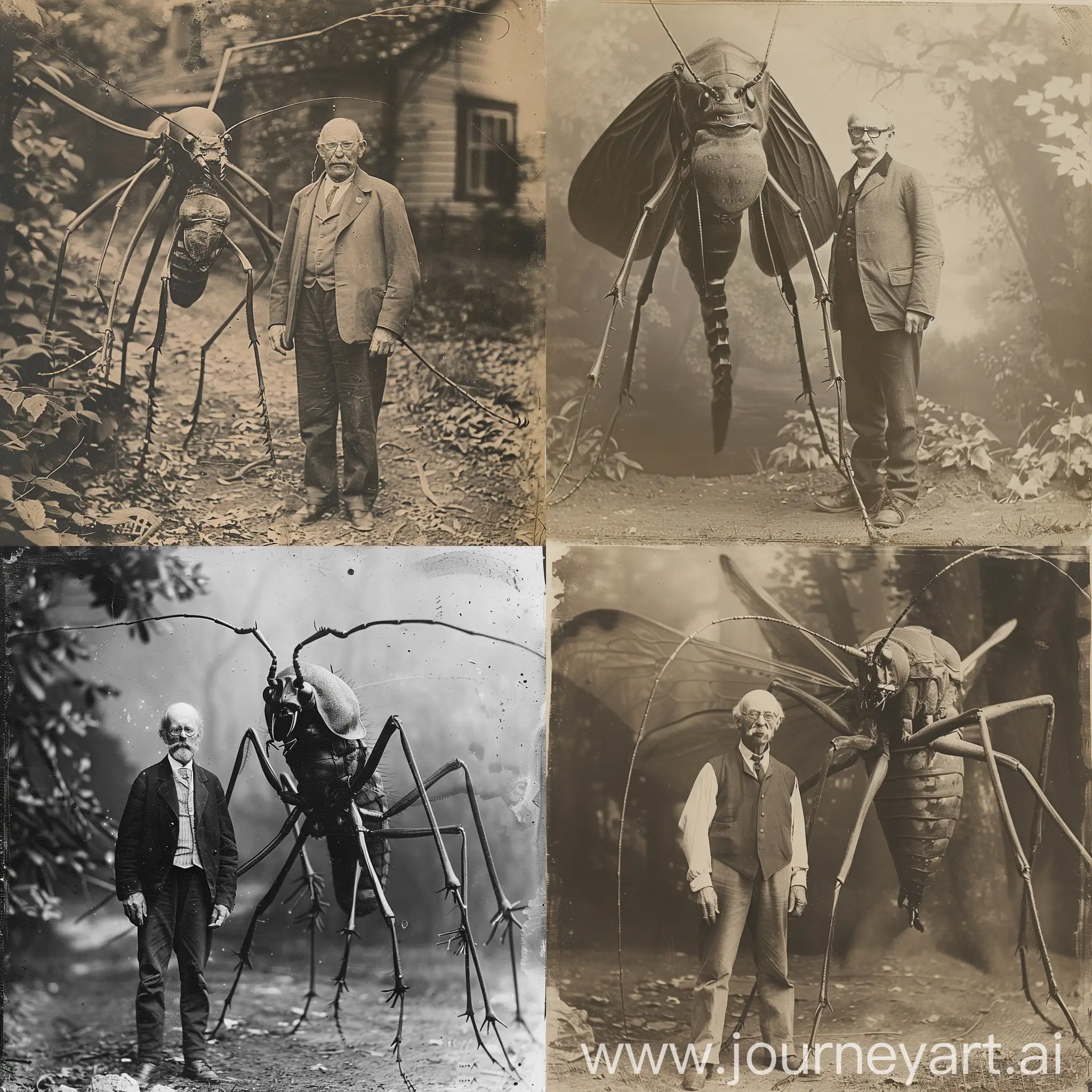 An old vintage black-and-white photo from the 19th century, in which an elderly bald scientist in vintage 19th-century clothes with a mustache and glasses stands far from the camera. Next to him stands a giant insect-like creepy alien creature.
