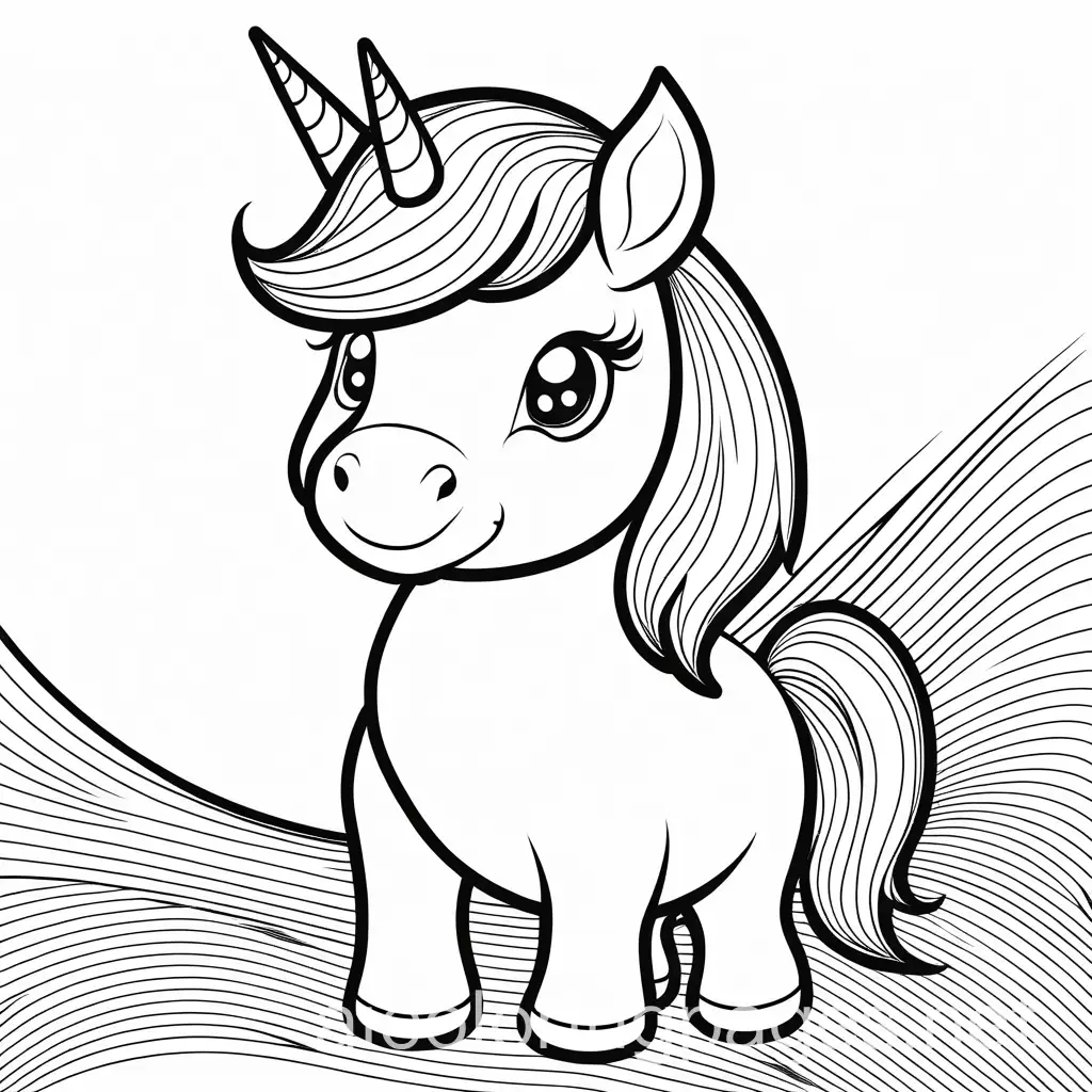 cartoon cute unicorn   easy to color with rainbow background , magical unicorn, Coloring Page, black and white, line art, white background, Simplicity, Ample White Space. The background of the coloring page is plain white to make it easy for young children to color within the lines. The outlines of all the subjects are easy to distinguish, making it simple for kids to color without too much difficulty