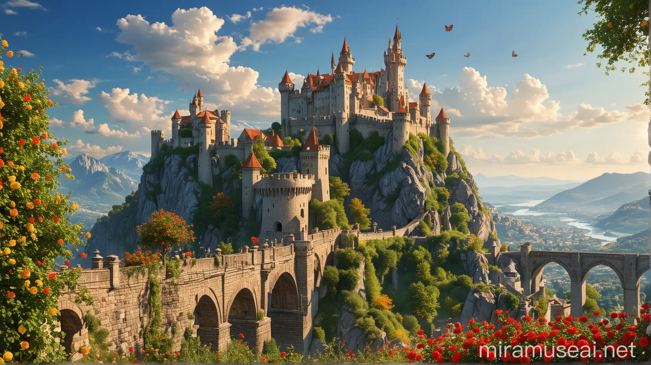 Majestic Castle Story with Butterflies and Towering Trees