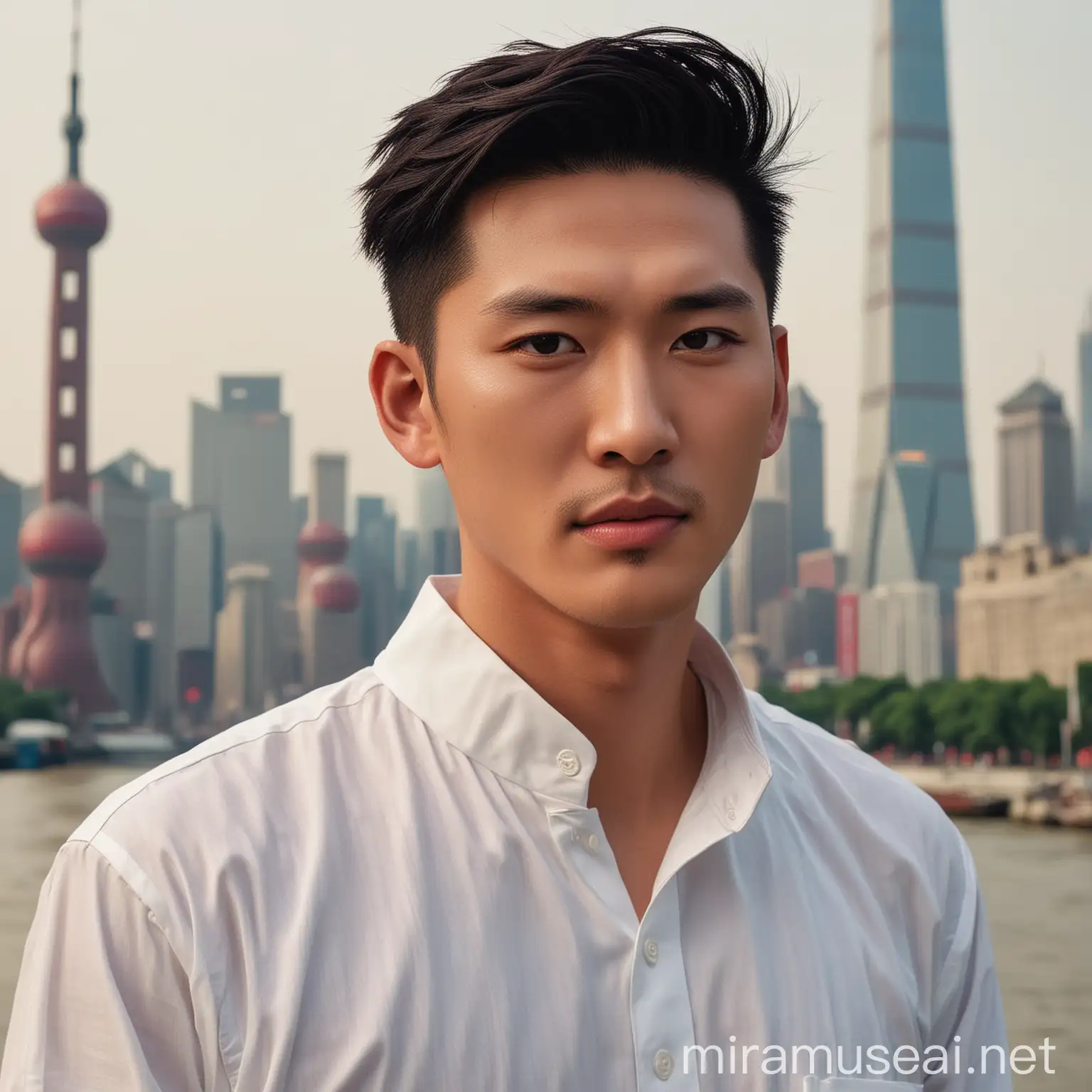 In this video, we introduce a young YouTuber with a striking resemblance to the Chinese actor Hu Ge. He sports a neat short hairstyle slicked back, paired with a crisp white shirt, giving him a clean and sophisticated look. His Chinese heritage is evident in his features. Behind him, the stunning cityscape of Shanghai's iconic Bund provides a dynamic and modern backdrop, highlighting the vibrant energy of the city.
