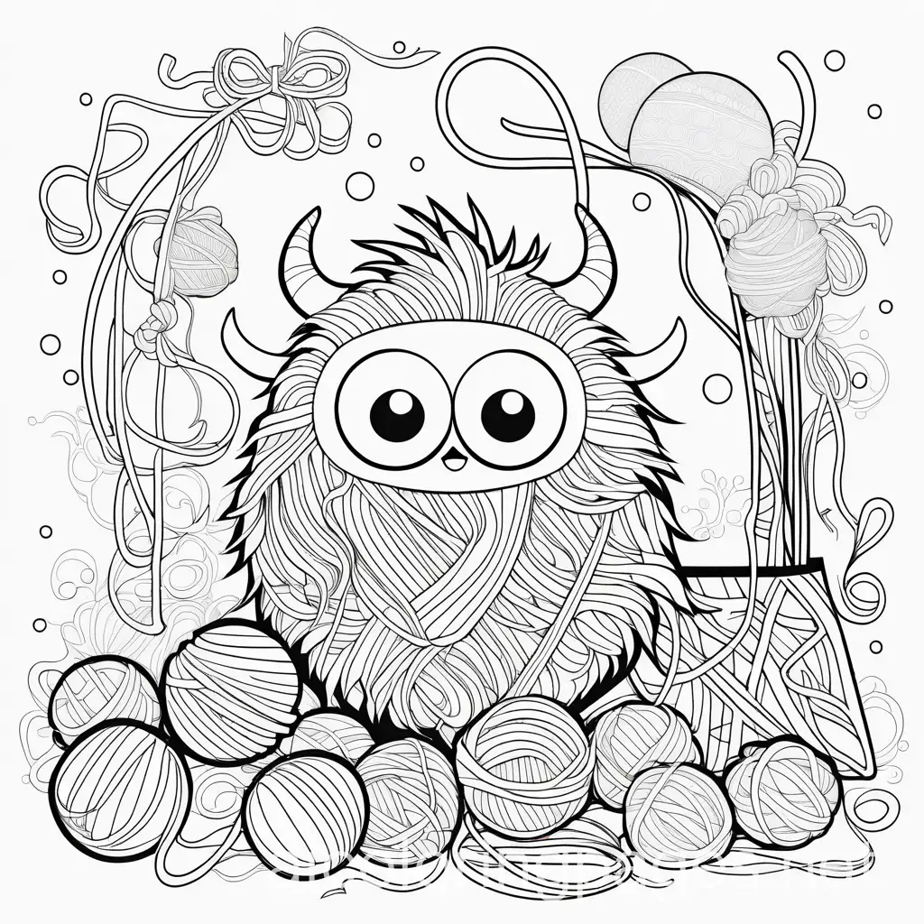 coloring page of a silly monster made entirely out of tangled yarn and ripped-out knitting. the monster is peeking out of a knitting tote. Its body is a jumble of colorful yarn strands, knotted and twisted in various directions. Around the monster, there are scattered balls of yarn, knitting needles, and scraps of unraveled knitting projects, adding to the chaos. , Coloring Page, black and white, line art, white background, Simplicity, Ample White Space. The background of the coloring page is plain white to make it easy for young children to color within the lines. The outlines of all the subjects are easy to distinguish, making it simple for kids to color without too much difficulty