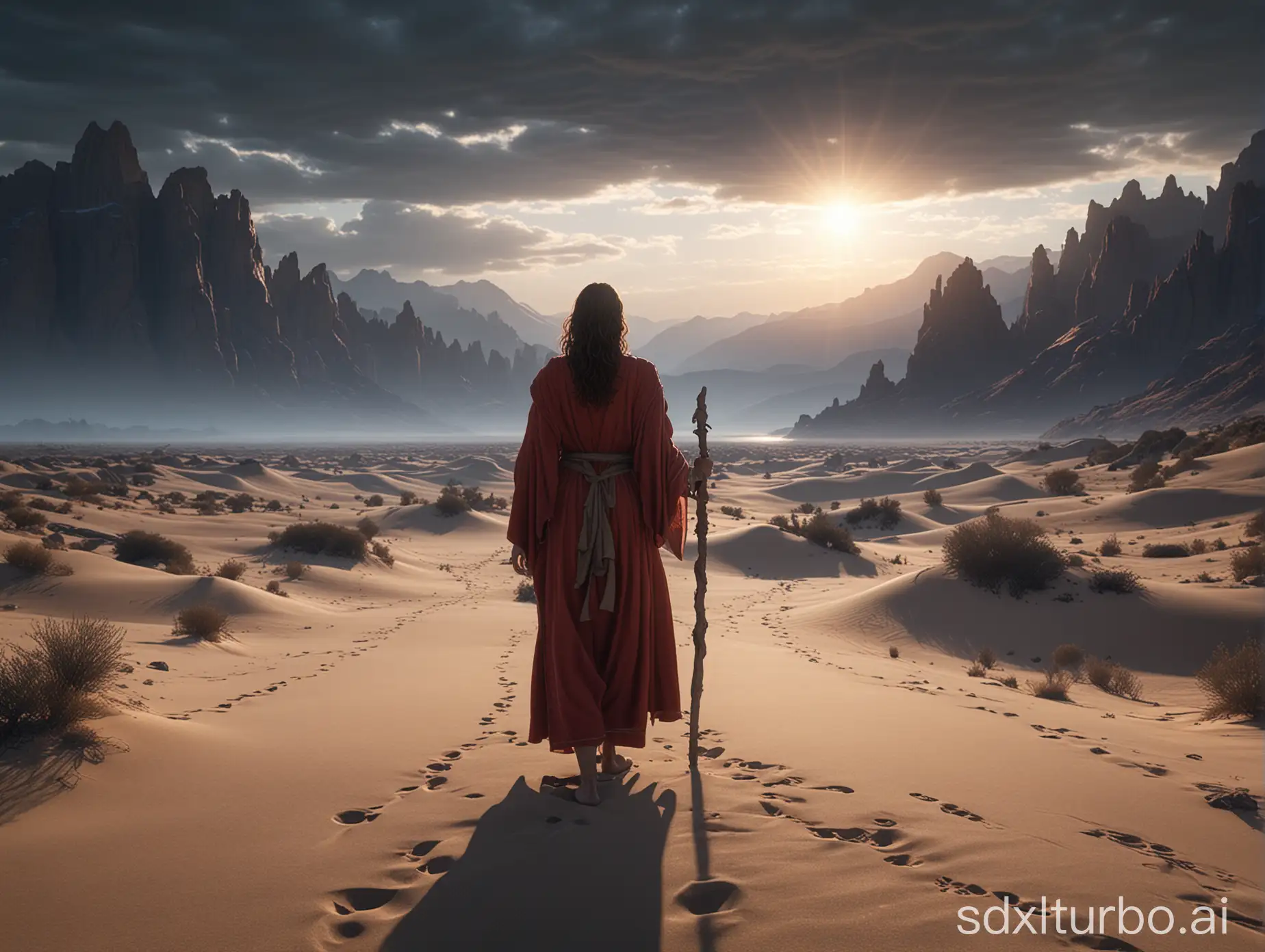 and from heaven an angel called Hagar, A lone figure stands on a sandy plain, gazing towards distant mountains under a dramatic sky. The person is draped in a long robe and carries a staff, suggesting a journey or pilgrimage. The sun casts an ethereal glow over the landscape, hinting at either dawn or dusk.  Cinematic lighting, Unreal Engine 5, Cinematic, Color Grading, Editorial Photography, Photography, Photoshoot, Shot on 70mm lense, Depth of Field, DOF, Tilt Blur, Shutter Speed 1/1000, F/22, White Balance, 32k, Super-Resolution, Megapixel, ProPhoto RGB, VR, tall, epic, artgerm, alex ross, Halfrear Lighting, Backlight, Natural Lighting, Incandescent, Optical Fiber, Moody Lighting, Cinematic Lighting, Studio Lighting, Soft Lighting, Volumetric, Contre-Jour, dark Lighting, Accent Lighting, Global Illumination, Screen Space Global Illumination, Ray Tracing Global Illumination, blue Rim light, cool color grading 45%,