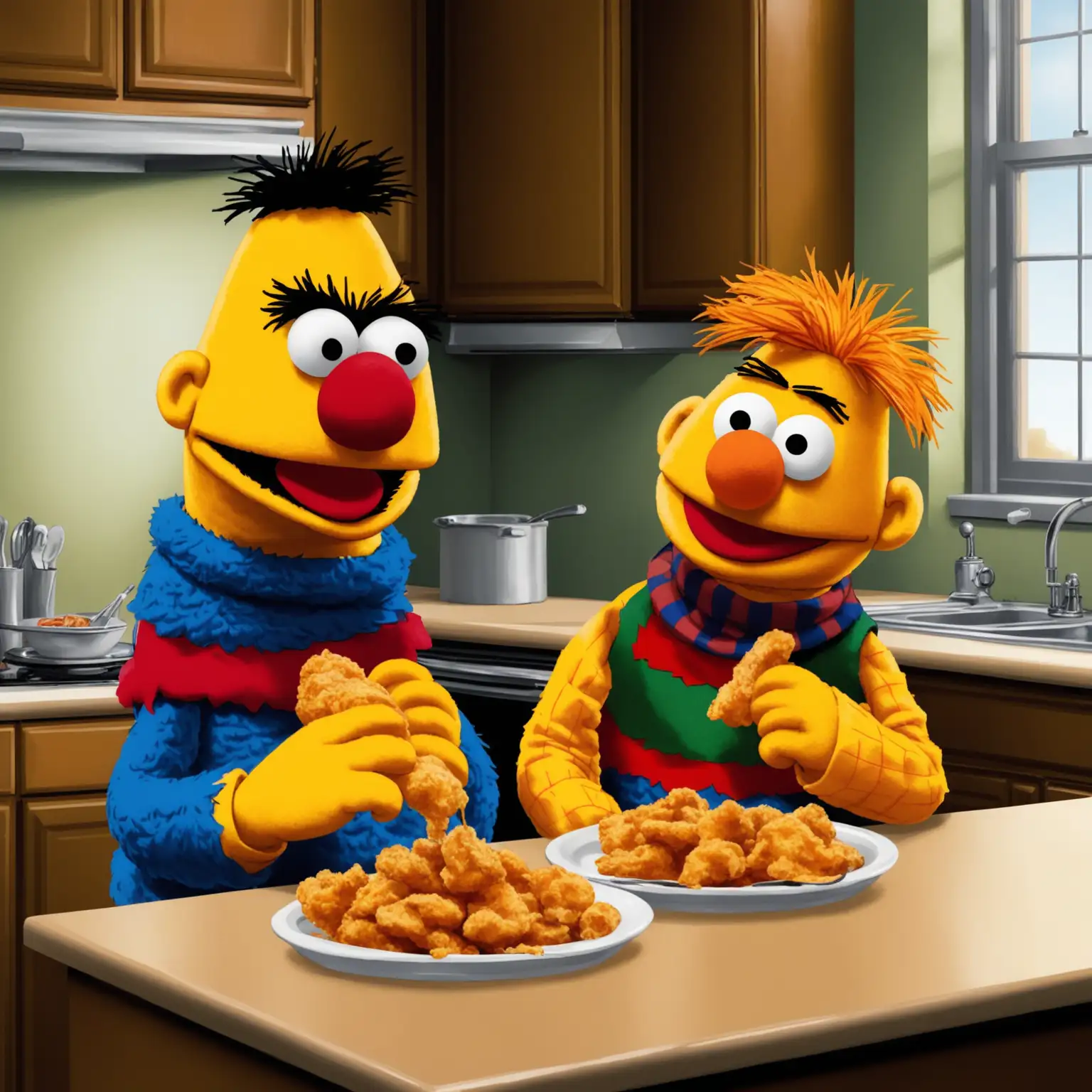 Bert and Ernie eating fried food for breakfast in the kitchen