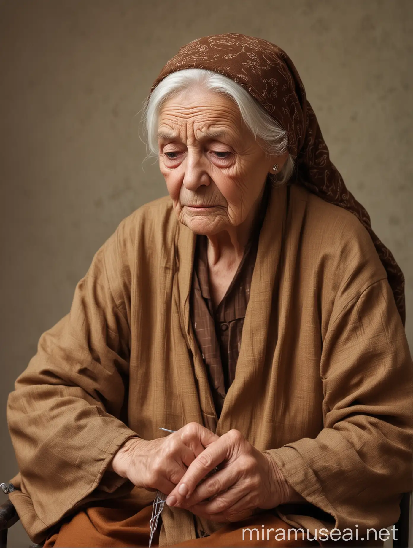 سيدة مسنة حزينة ترتدي طرحة وجلباب بني تجلس على كرسي في يدها ابره تخيط بها تيشرت