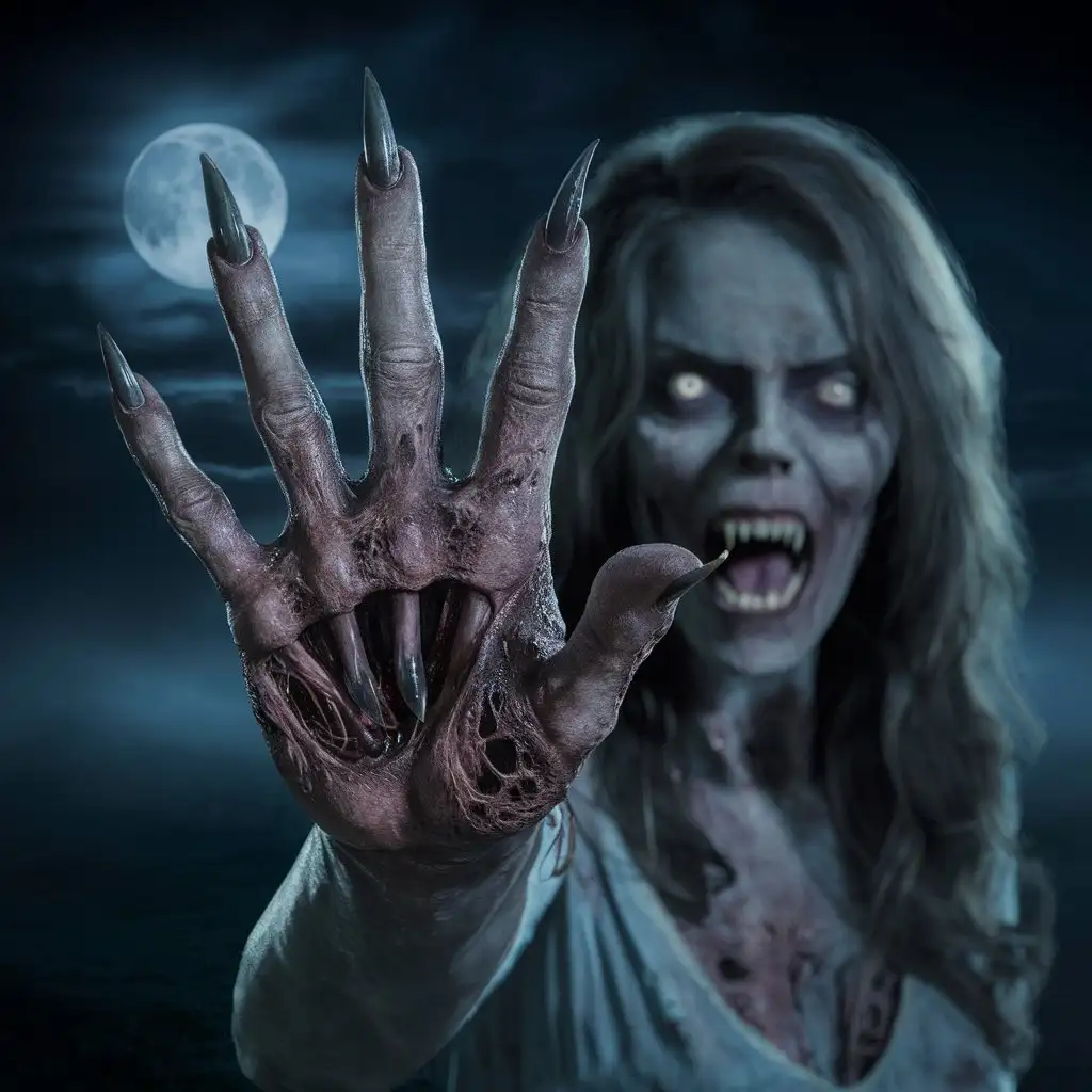 a spooky image of a (rotten skin) hungry (terrible) zombie woman with (long) curved pointed nails protruding from her five fingers like menacing claws, her mouth is threateningly open exposing pointed teeth resembling fangs, at night in a dark, horror photography, sinister, eerie, supernatural, full moon, foggy atmosphere, close up, detailed, night scene, dramatic lighting. hyper-realism, cinematic, high detail, photo detailing, high quality, photorealistic, terrifying, aggressive, sharp fangs, dark atmosphere, realistic, detailed nails, horror, atmospheric lighting, full anatomical. human hands, very clear without flaws with five fingers