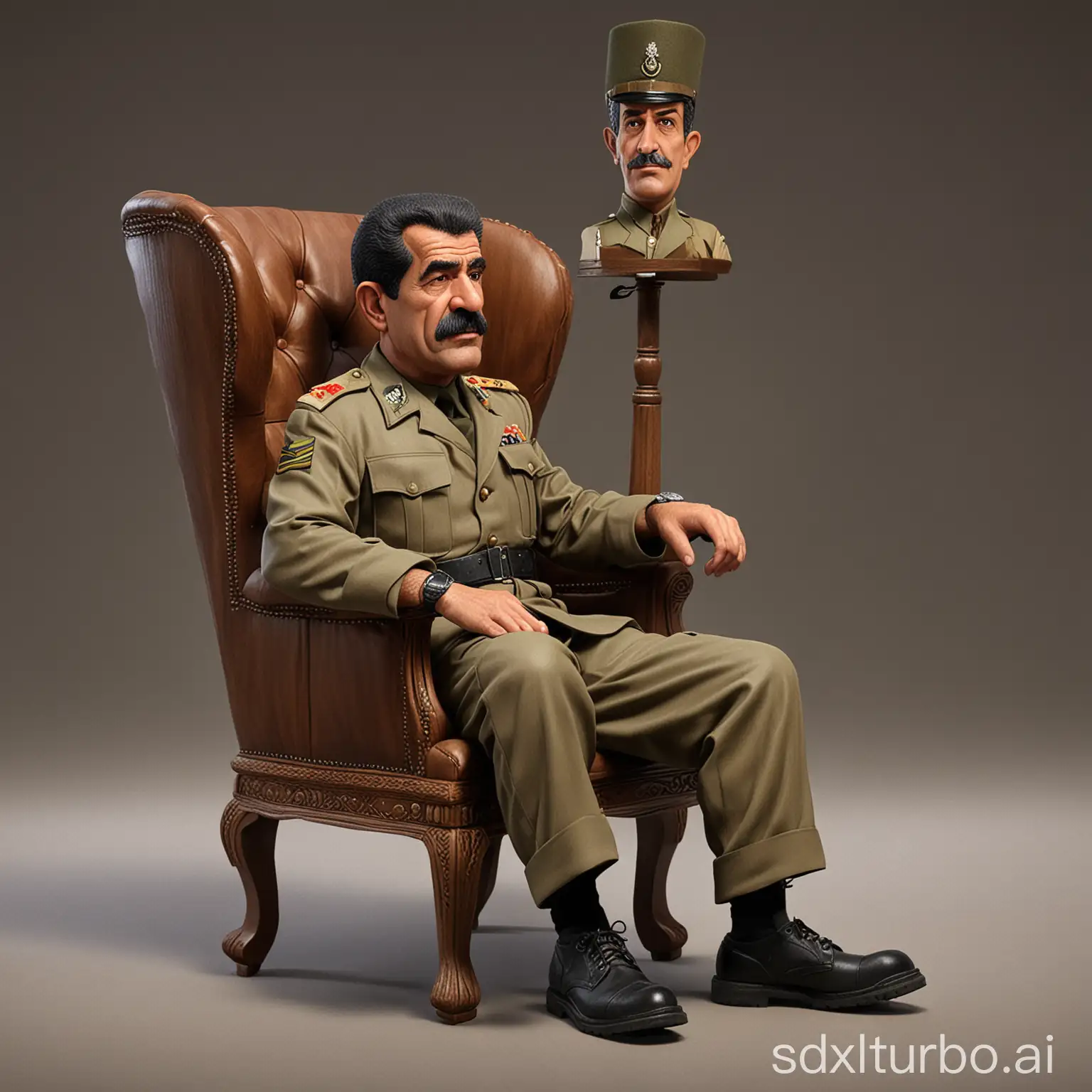 Create a Caricature 3D Realistic Cartoon style full body with a big head.  "Saddam Hussein". A 60 year old Arab man, is sitting relaxed in a classic brown wooden wingback chair, the texture of the wood is clearly visible. Wearing an Iraqi military uniform. Wearing black army shoes. Sitting with his legs crossed, his right hand holding a short wooden stick. , the left hand holding the ceeutu. The background should contrast with the color of the chair and clothing, thereby enhancing the overall image composition. Use soft photographic lighting, Lighting from above,dramatic overhead lighting, very high image quality, clear character details, UHD, 16k.