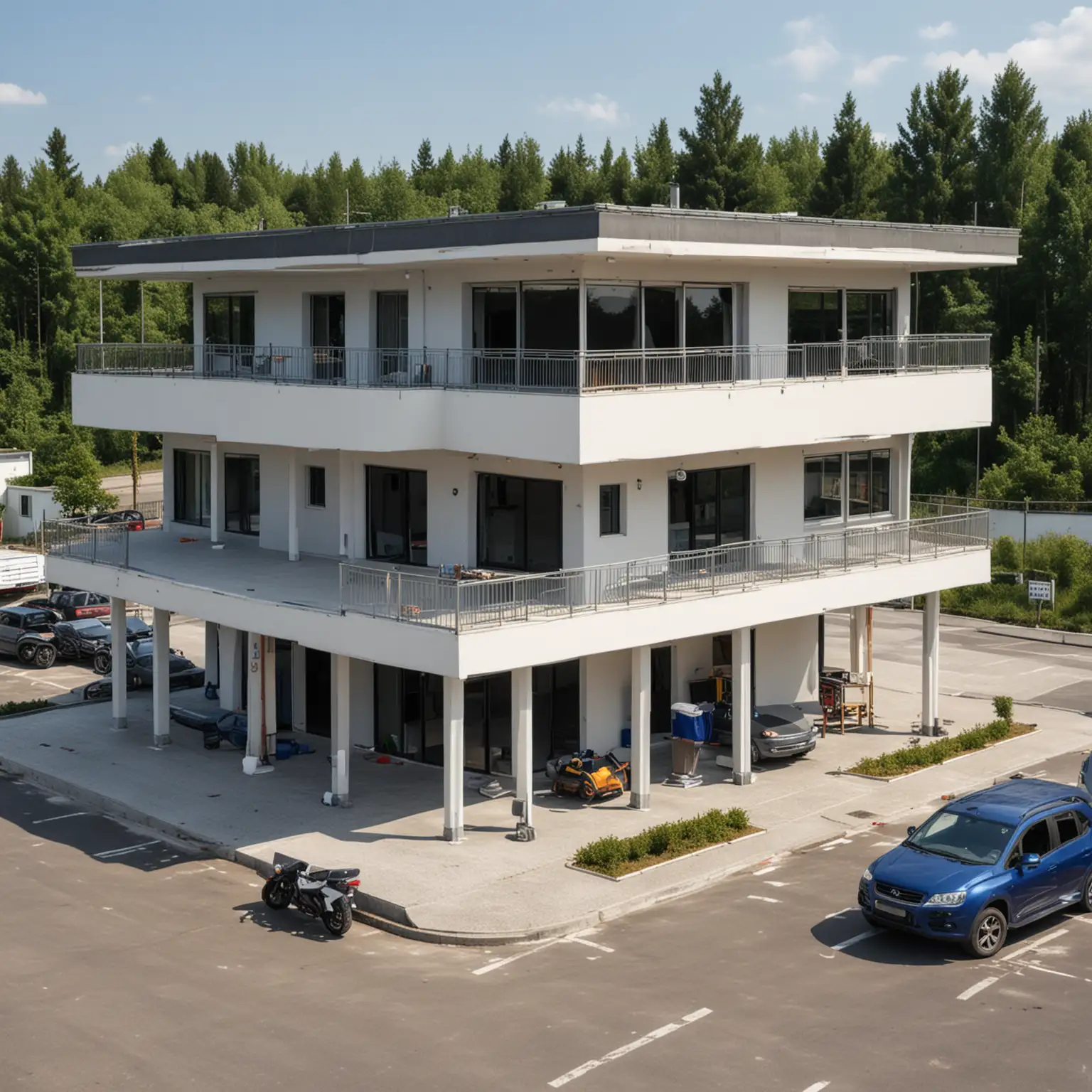 Ein Haus mit zwei Stockwerken und Flachdach auf einer Fläche von 6x6m auf Stelzen, darunter ein großer Parkplatz für 8 Autos auf einer Fläche von 10x10m