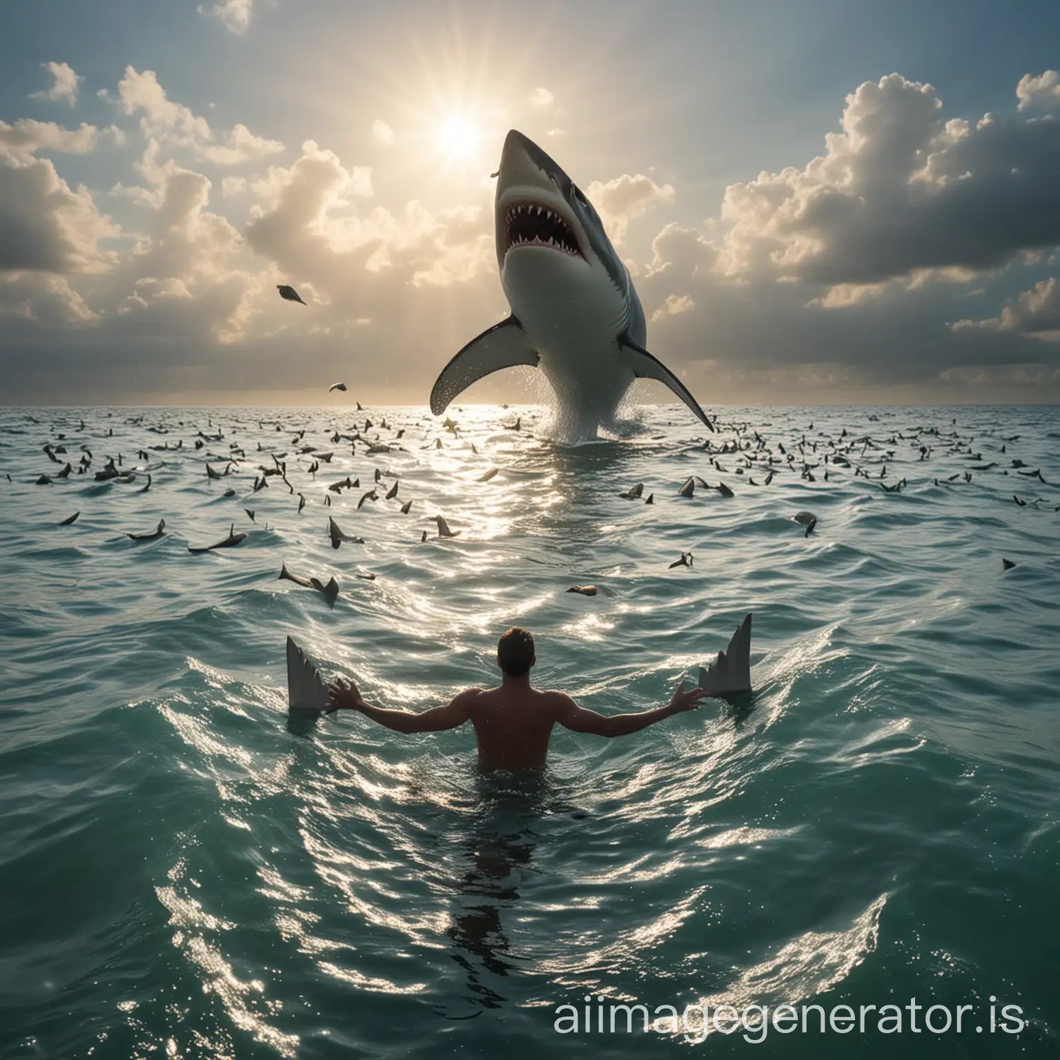 Happy-Man-Surrounded-by-Emerging-Shark-Fins-in-Vibrant-Sea-Scene