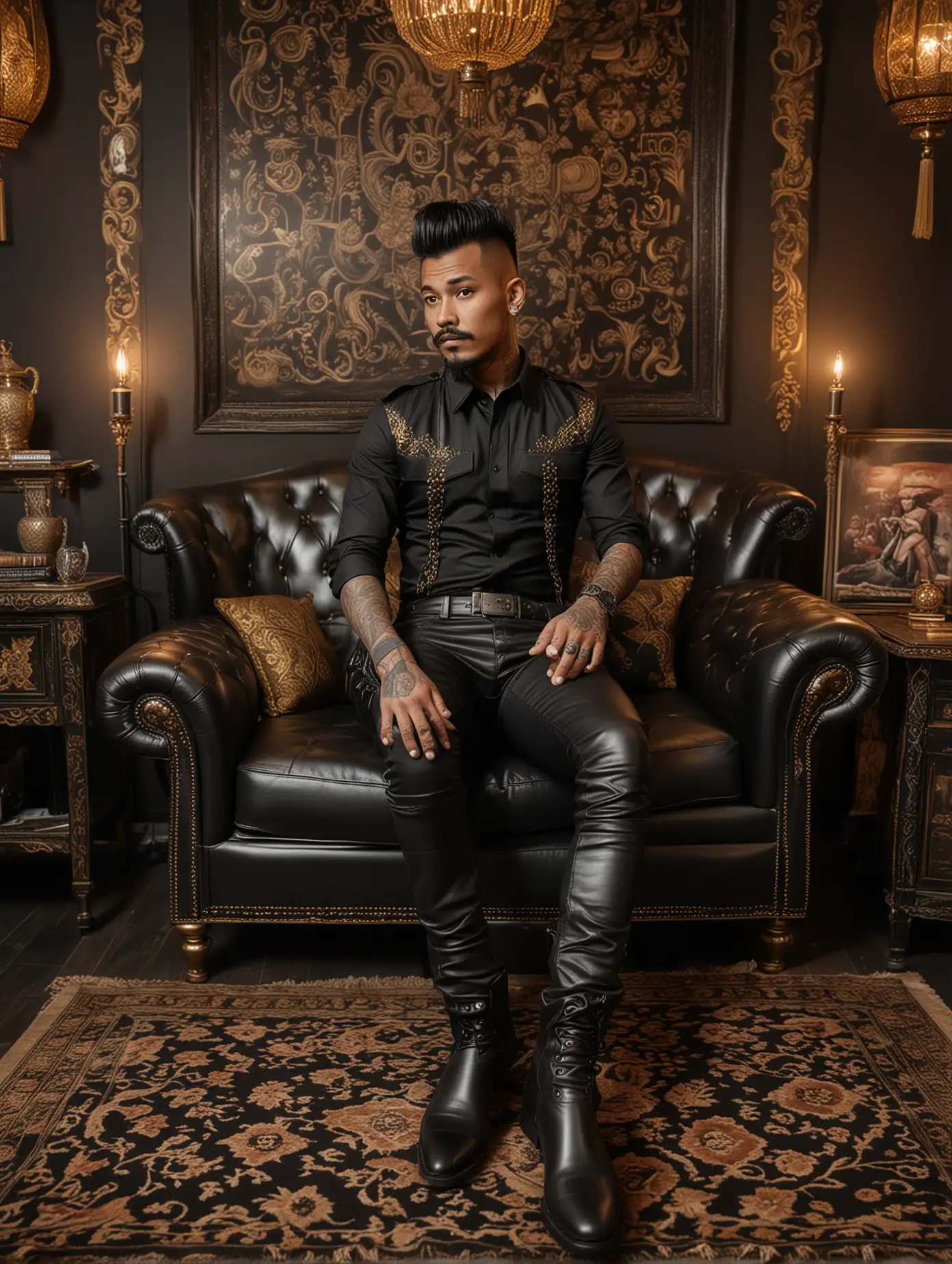 a 35 year old dark skinned Indonesian man with tattoos with mohak hair and a thick mustache wearing black leather pants and black boots, a black shirt with the top buttons open sitting on a long black sofa in a spacious room with gold and black decorations, paintings, lamps , and carpet. 