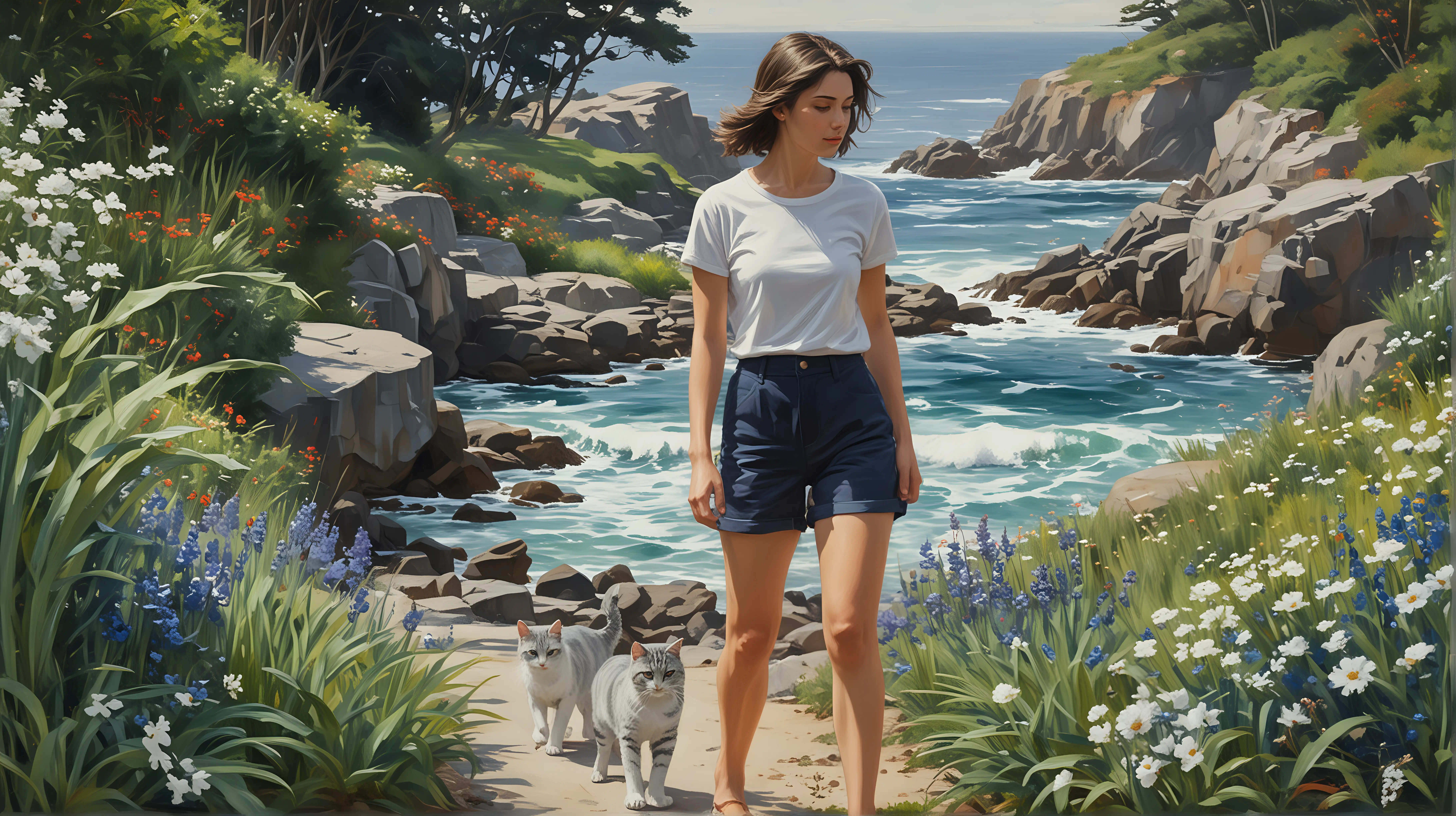 in the style of Charles Courtney Curren, a impressionist painting seen from a distance a woman with shoulder length dark hair dressed in  navy blue bermuda shorts and white t shirt seen from a distance walking through a garden, two gray tabby cats accompany her, depth of field to a glimpse of ocean with Pacific Northwest shore line