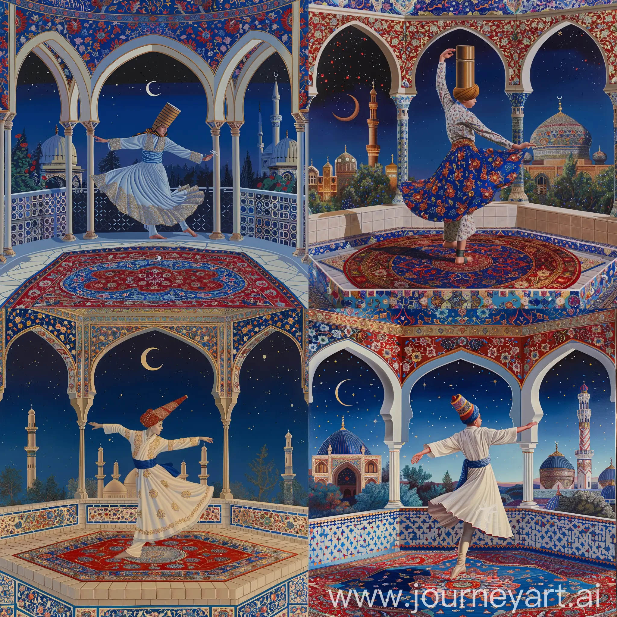A young British dervish wearing cylindrical fez cap performing sufi whirling sema dance on a persian carpet, inside an octagonal balcony having three arches decorated with red blue gold persian floral motifs, serene night sky with a crescent, view of Persian tiled mosque, White blue red golden composition --sref <https://cdn.discordapp.com/attachments/1213041174428782623/1223222044104069191/IMG_20240326_220808.png?ex=665c4dcd&is=665afc4d&hm=6bf196b26583990d01392b5caa7275c6a6890faeaf5efc85434e57eda5e43ae3&> --v 6 --sw 999 --style raw --q 1 --s 999 --ar 2:3
