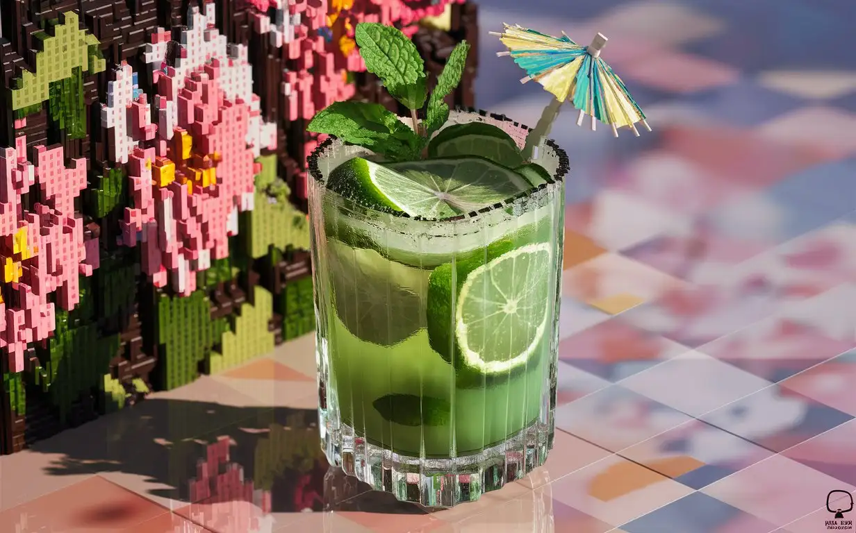 isometric, mojito, mint, lime, jelly, glass, flowers, pixel art, hyper detail, Octene render,