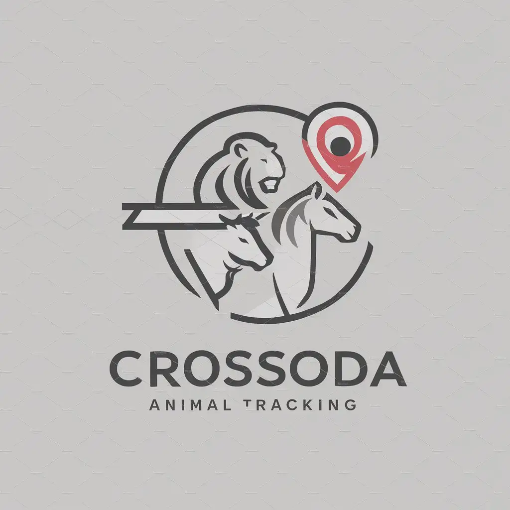 a logo design,with the text "Crossoda", main symbol:It’s about animals tracking company please combine all animals in one logo also add a tracking pin point that is used by google maps and make it look like an engineering company logo use animals like cows horses and lion,Moderate,clear background