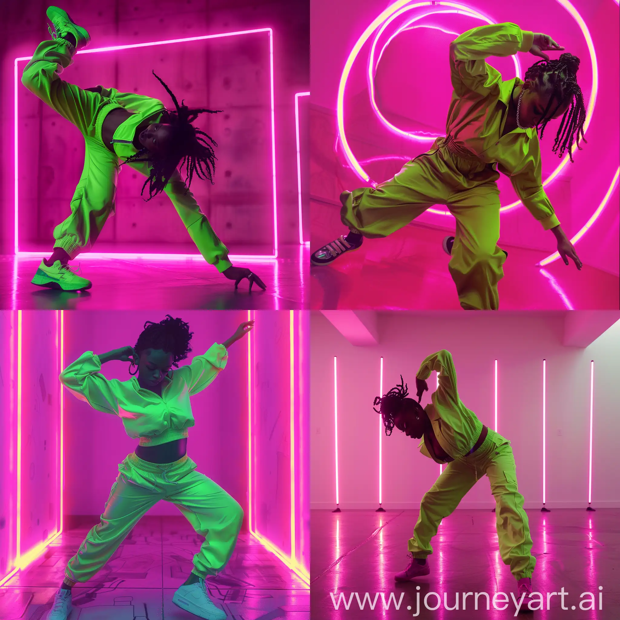 Black-Girl-Breakdancing-in-Neon-Green-Jumpsuit-Under-Pink-Lights