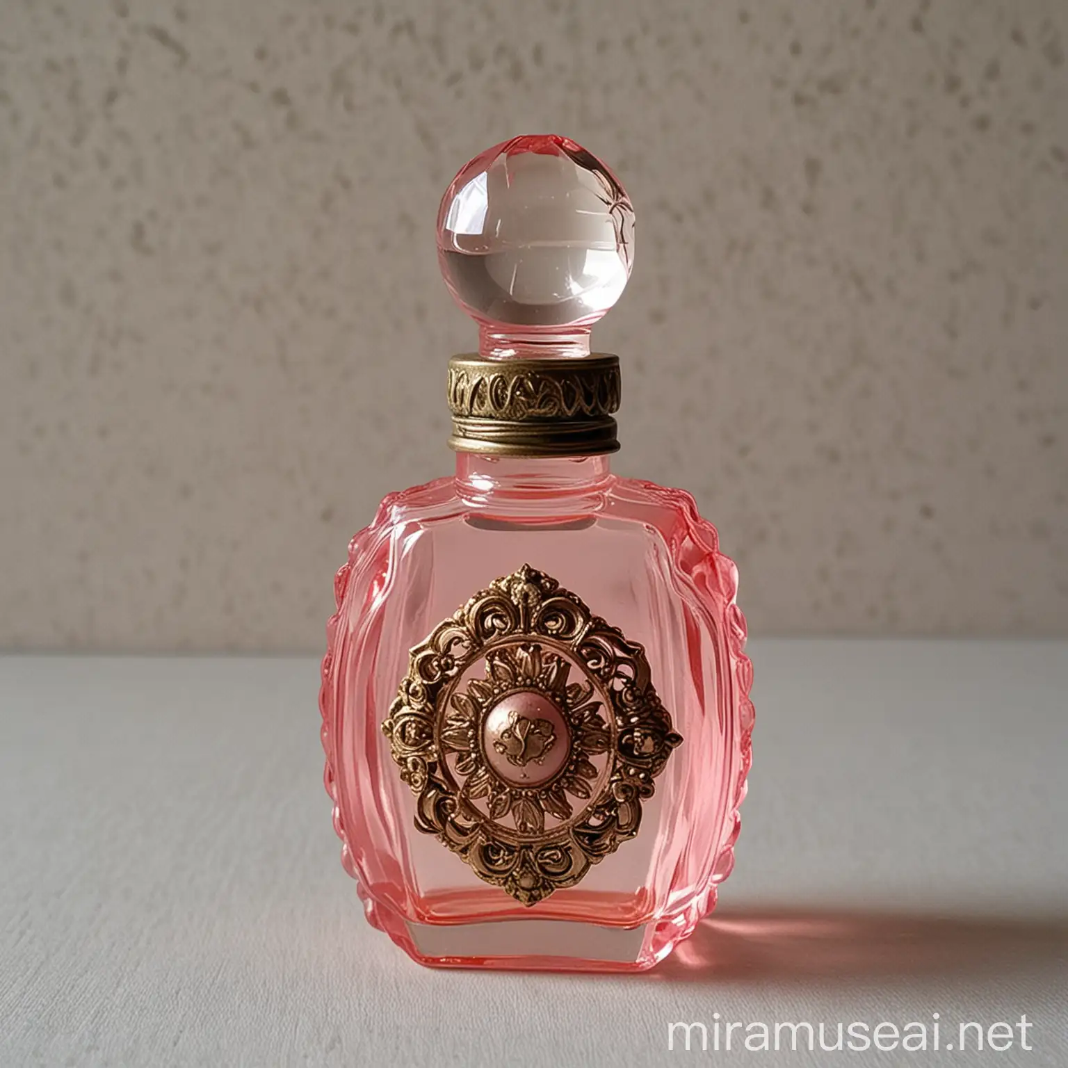 Vintage Pink Perfume Oil Bottle with Floral Ornamentation