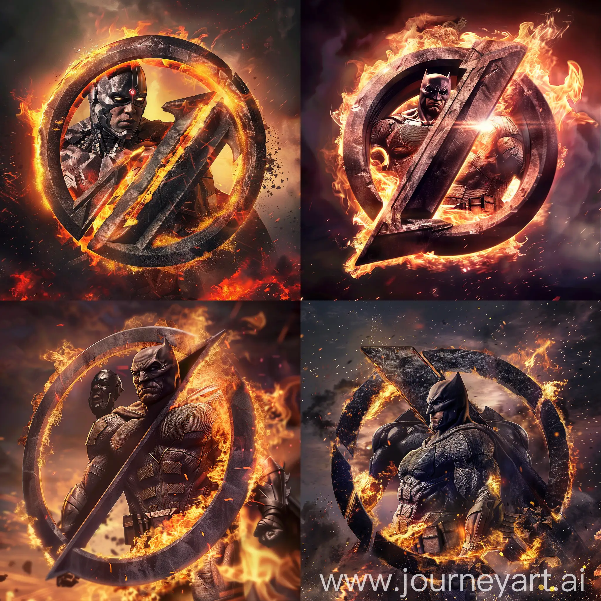 ultra realistic justice league logo, on fire, with the image of darkseid behind, 8k
